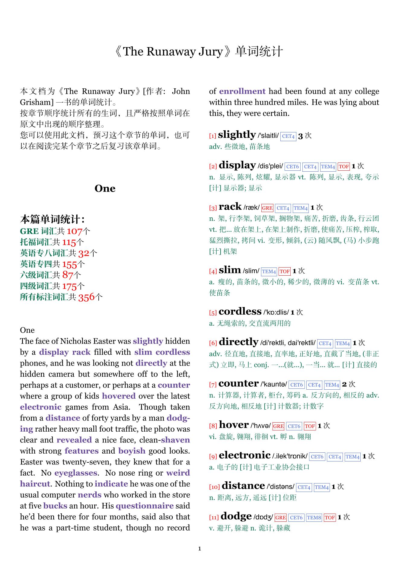 The Runaway Jury章节单词统计