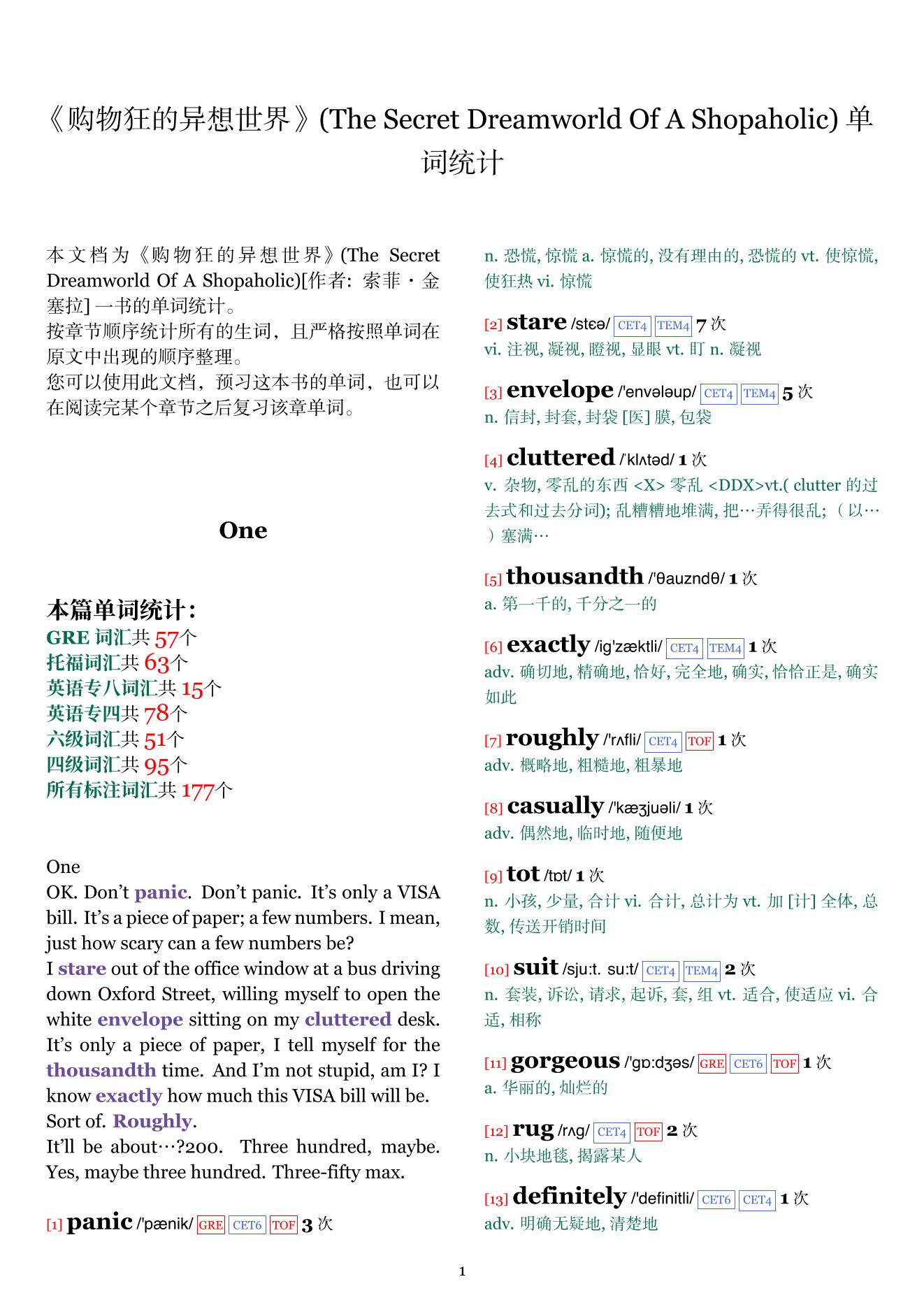 The Secret Dreamworld Of A Shopaholic章节单词统计