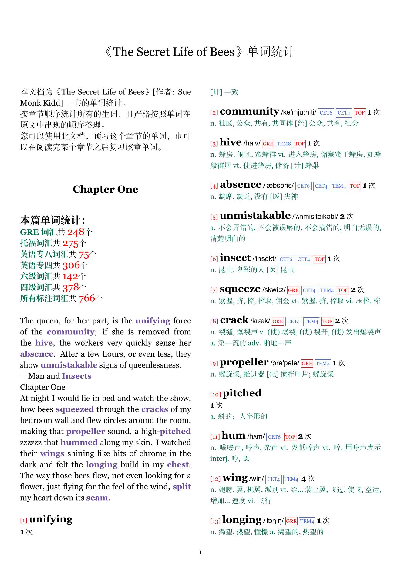 The Secret Life of Bees章节单词统计