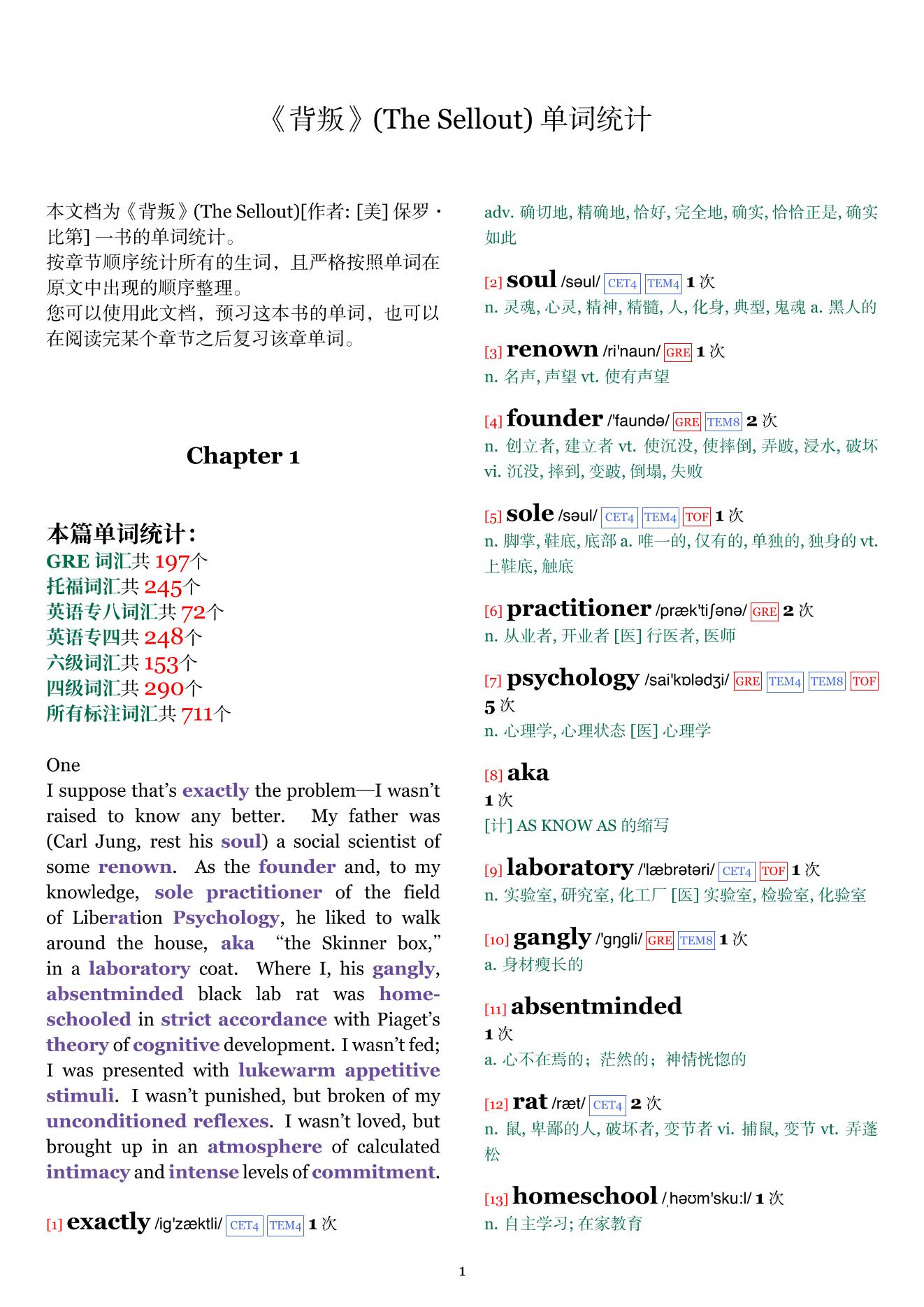 The Sellout章节单词统计