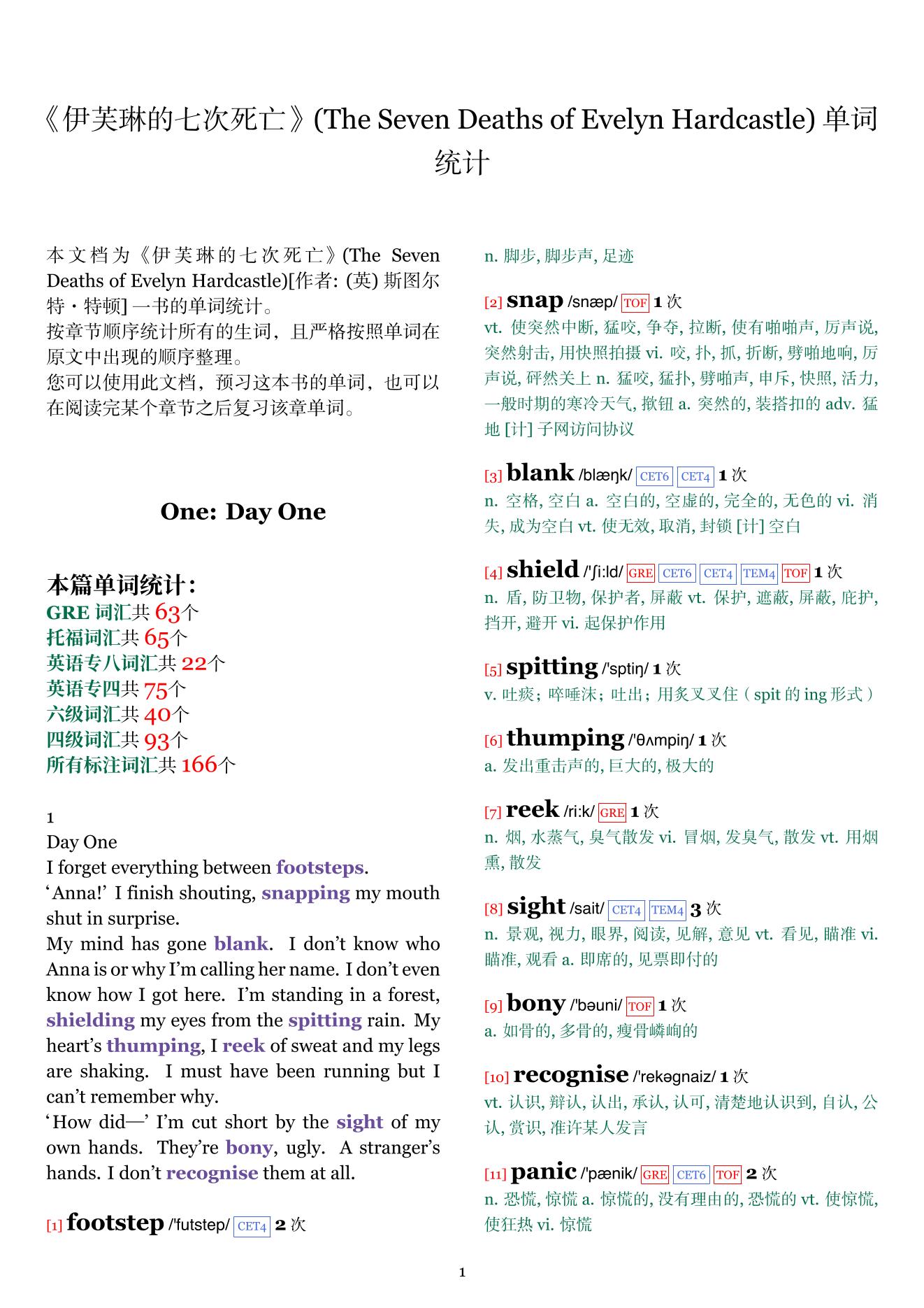 The Seven Deaths of Evelyn Hardcastle章节单词统计
