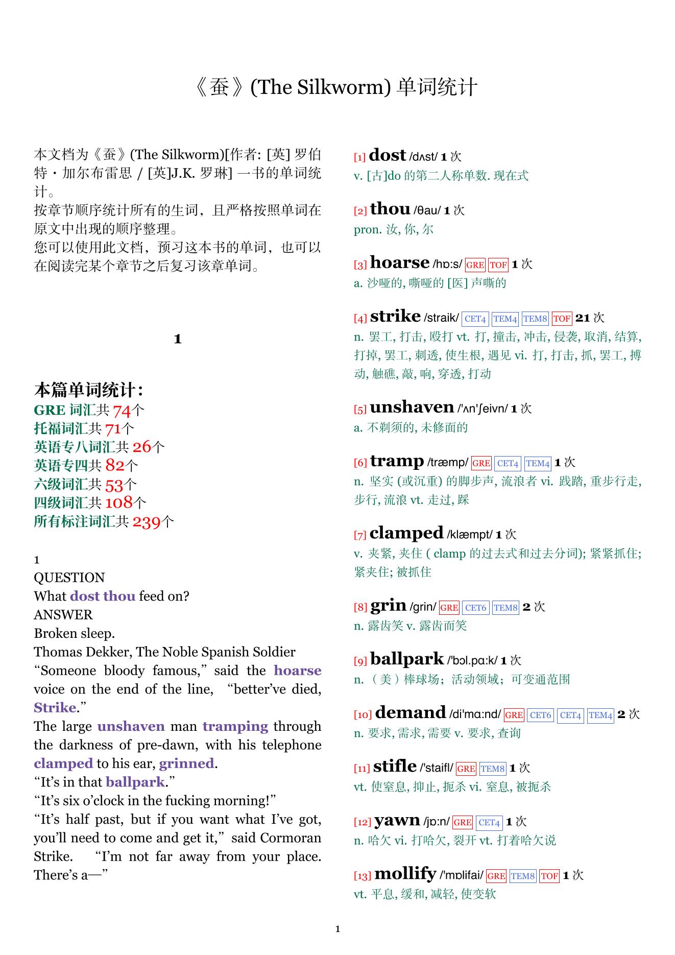 The Silkworm章节单词统计