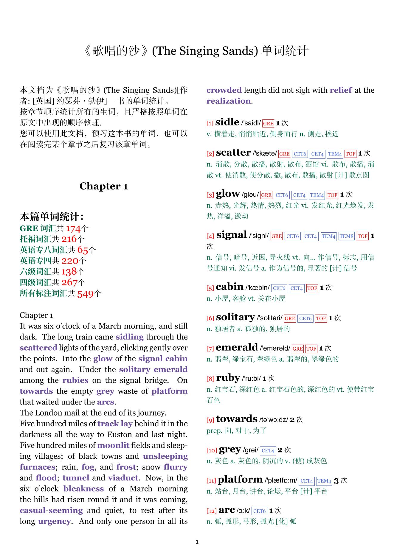 The Singing Sands章节单词统计