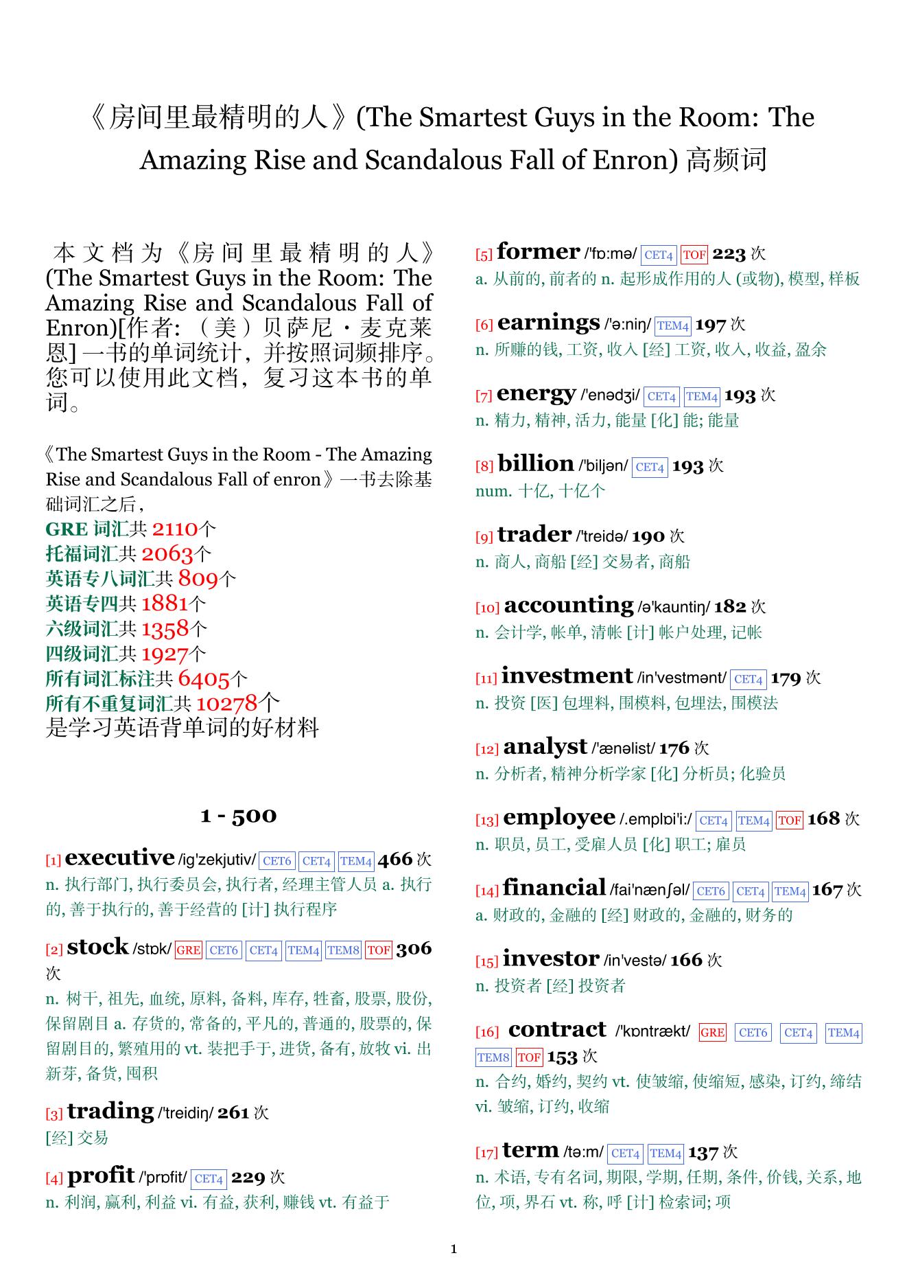The Smartest Guys in the Room: The Amazing Rise and Scandalous Fall of Enron词频统计
