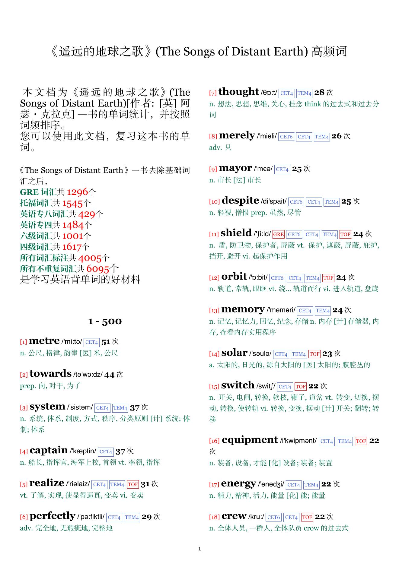 The Songs of Distant Earth词频统计