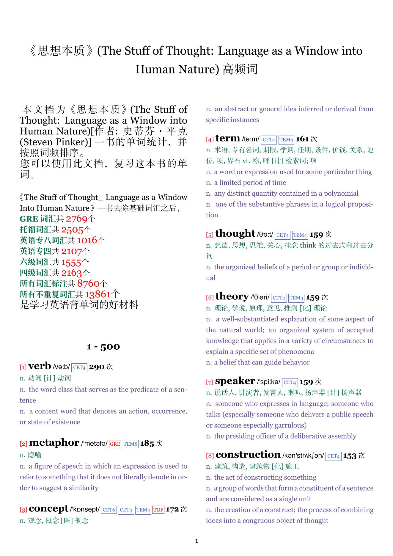 The Stuff of Thought: Language as a Window into Human Nature词频统计
