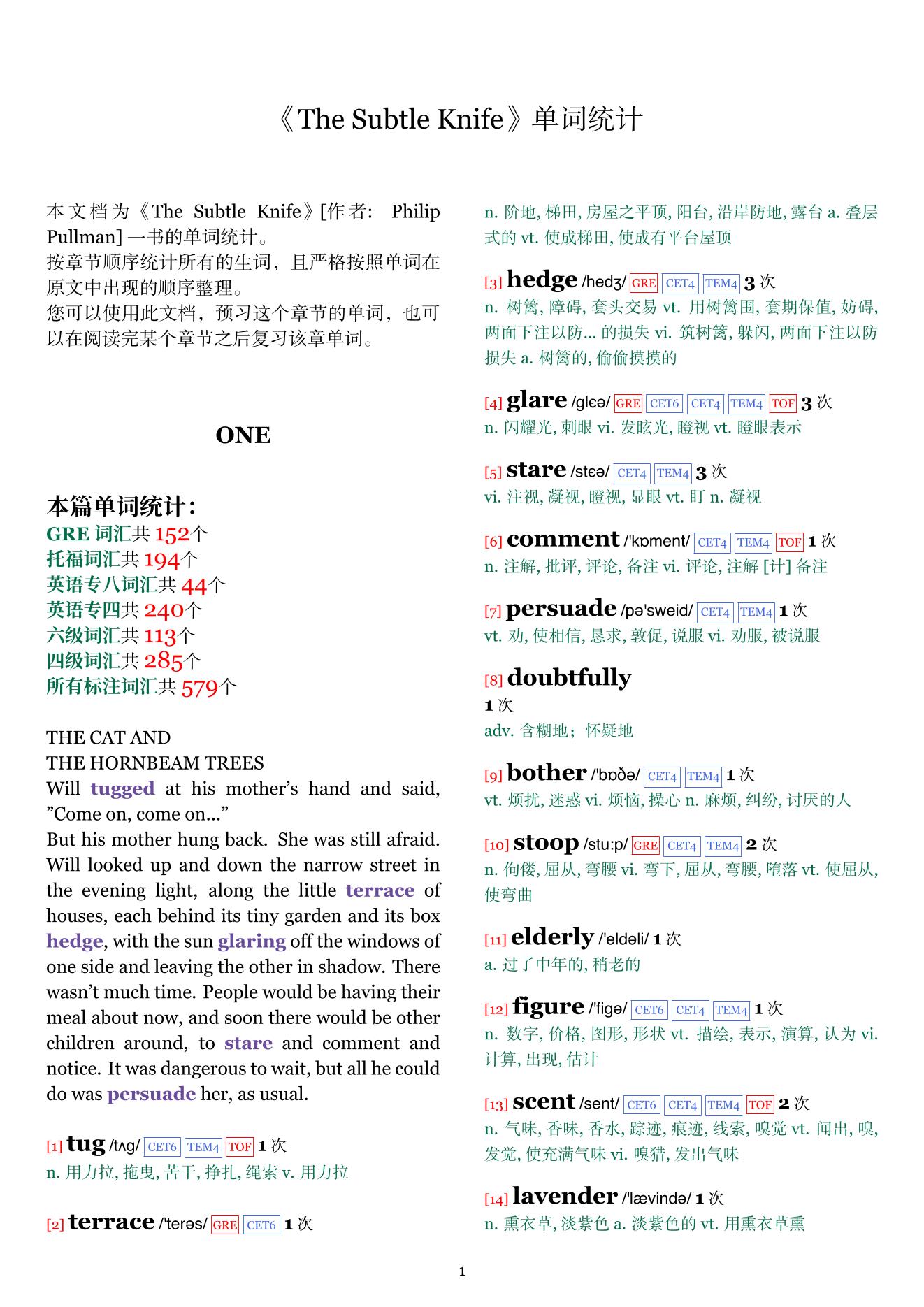 The Subtle Knife章节单词统计
