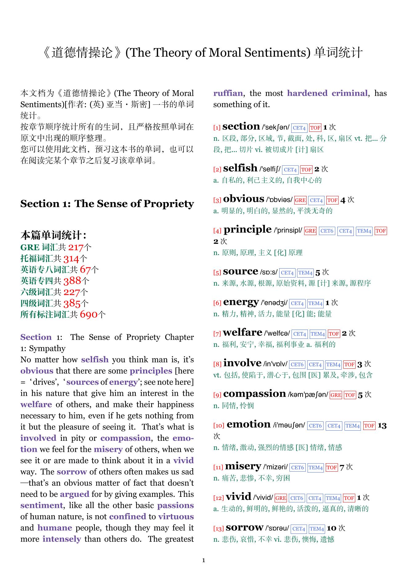 The Theory of Moral Sentiments章节单词统计
