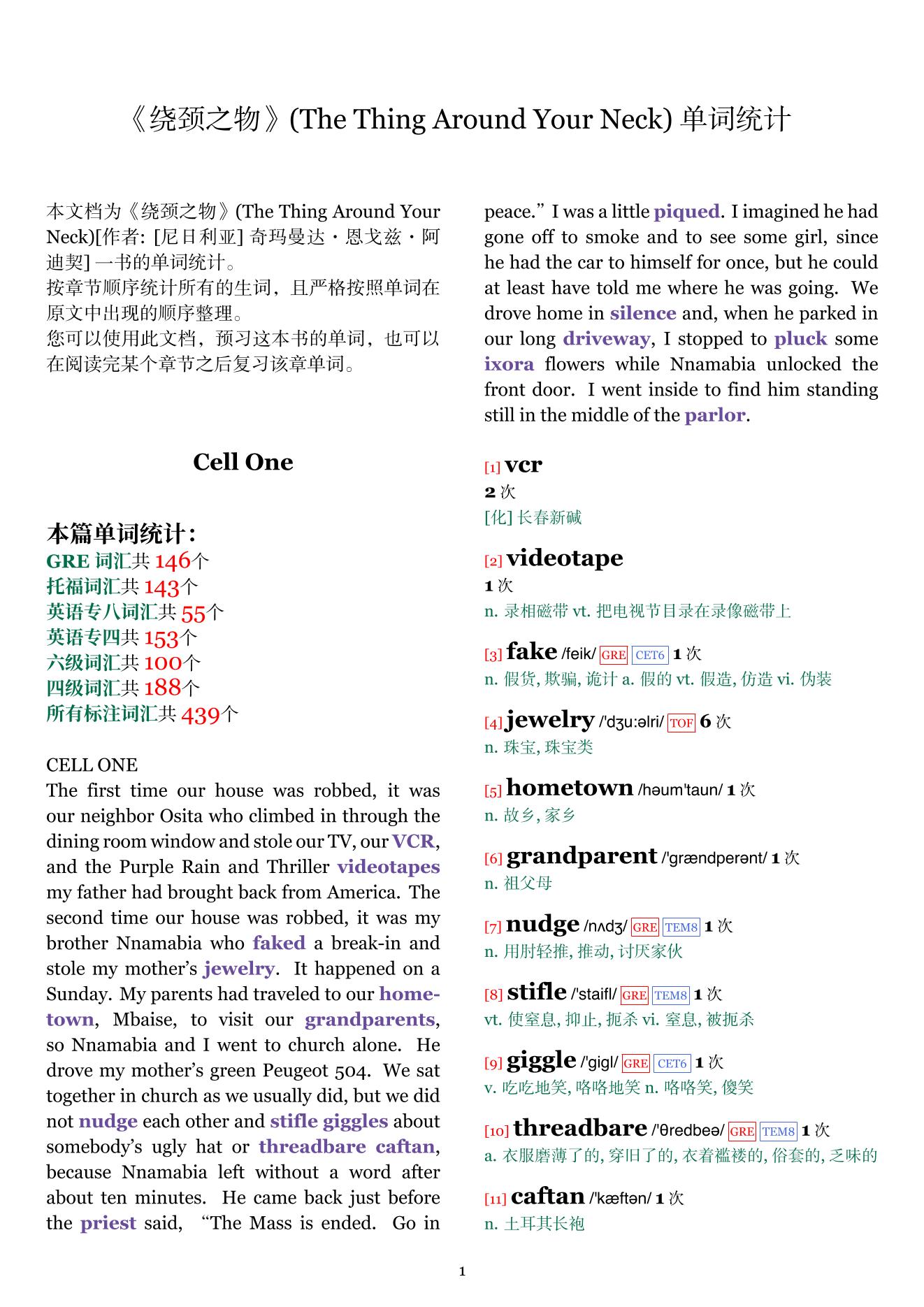 The Thing Around Your Neck章节单词统计