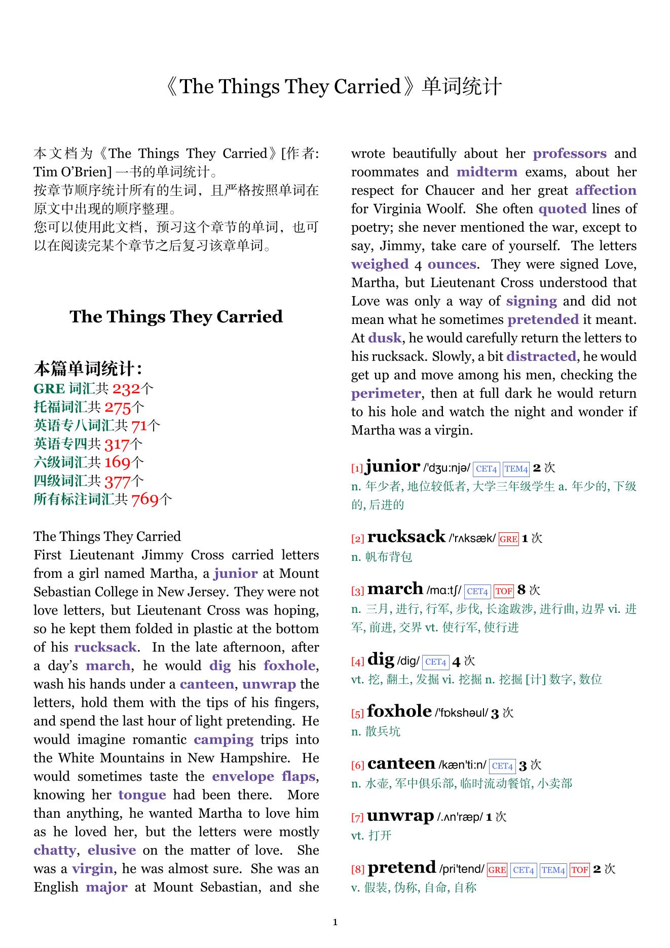 The Things They Carried章节单词统计
