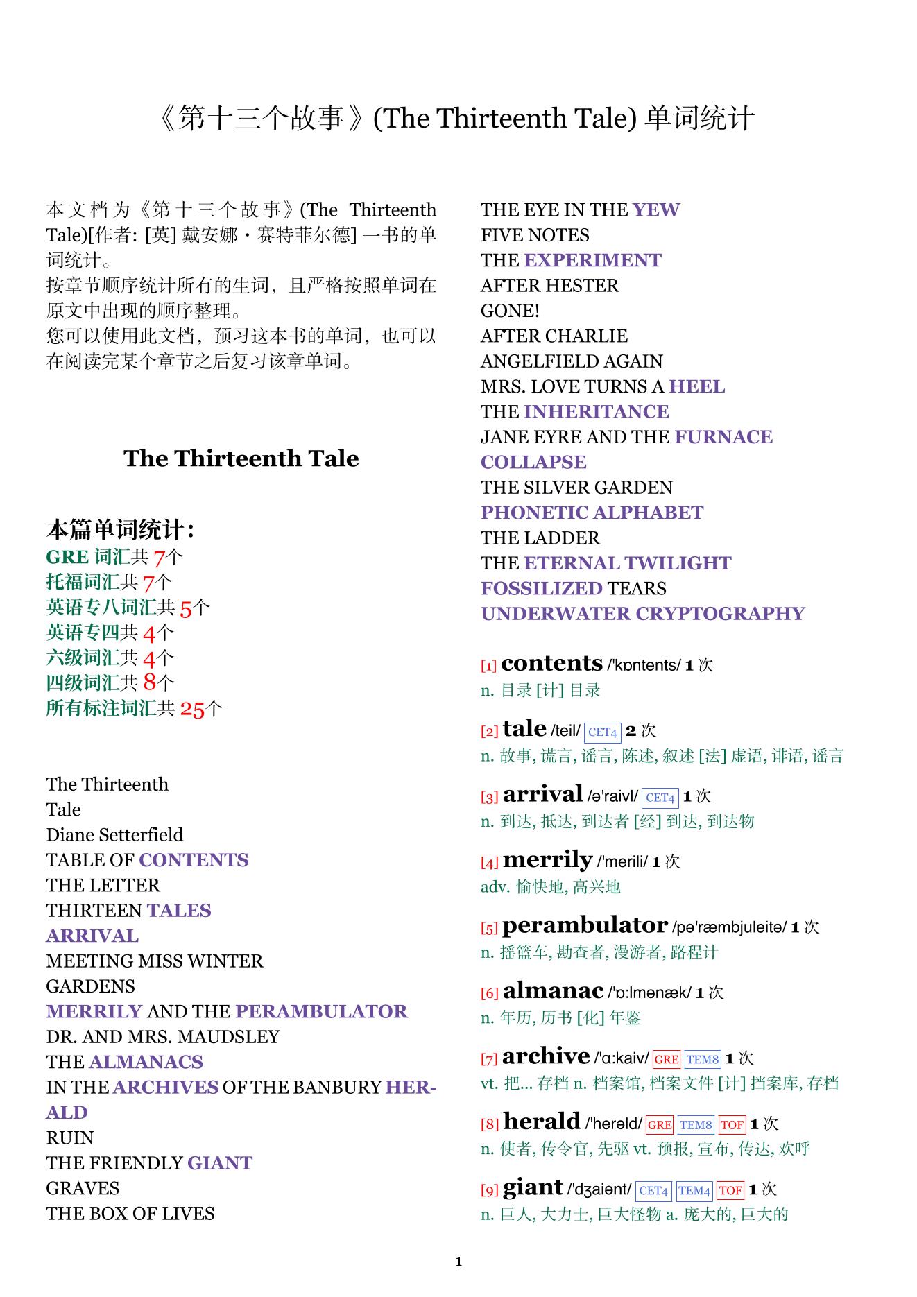 The Thirteenth Tale章节单词统计