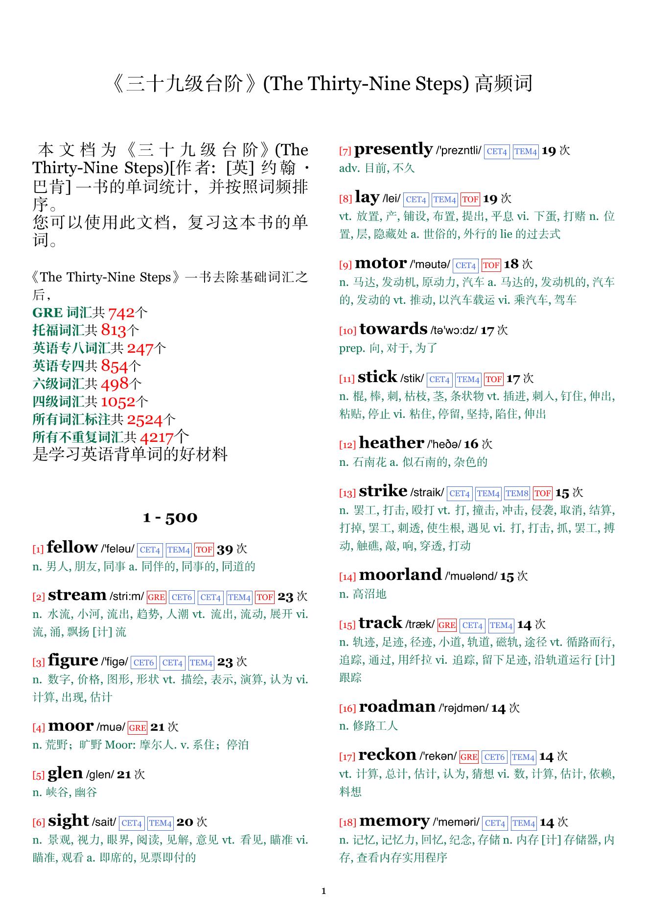 The Thirty-Nine Steps词频统计