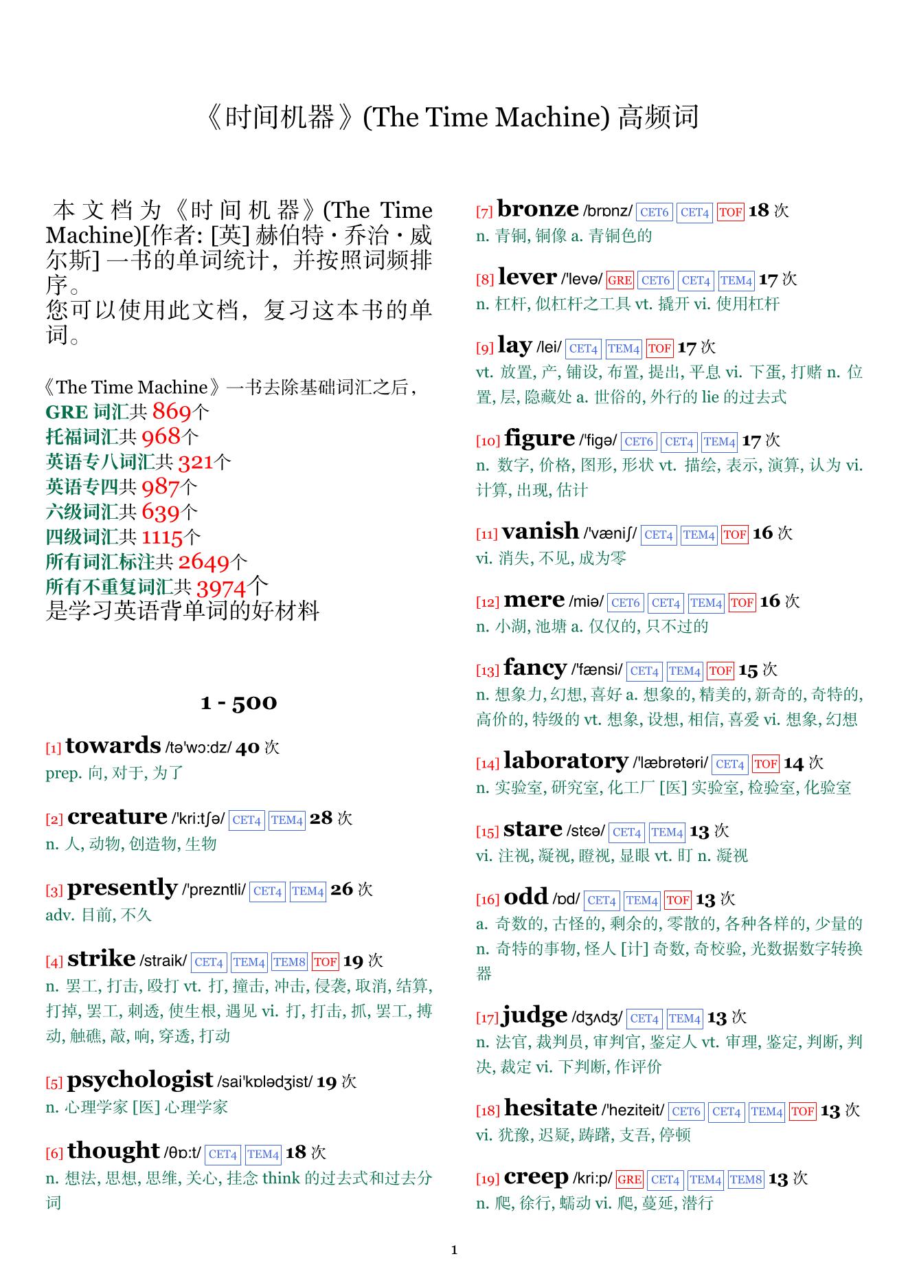 The Time Machine词频统计