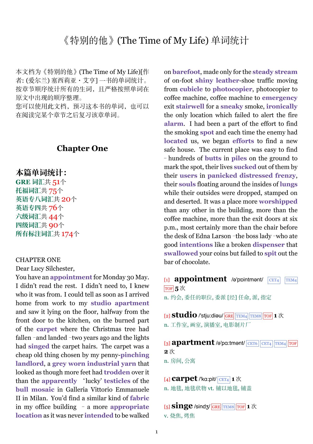 The Time of My Life章节单词统计