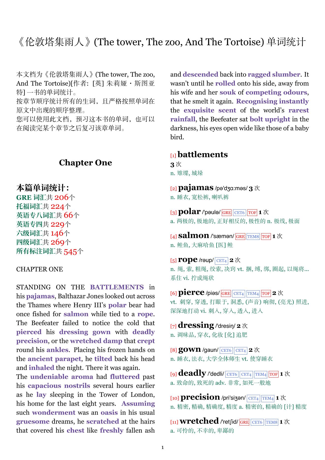 The tower, The zoo, And The Tortoise章节单词统计