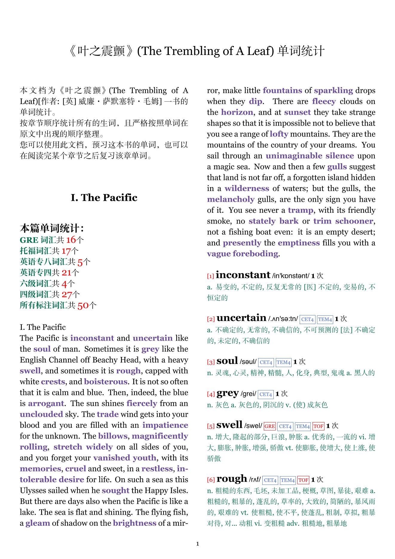 The Trembling of A Leaf章节单词统计
