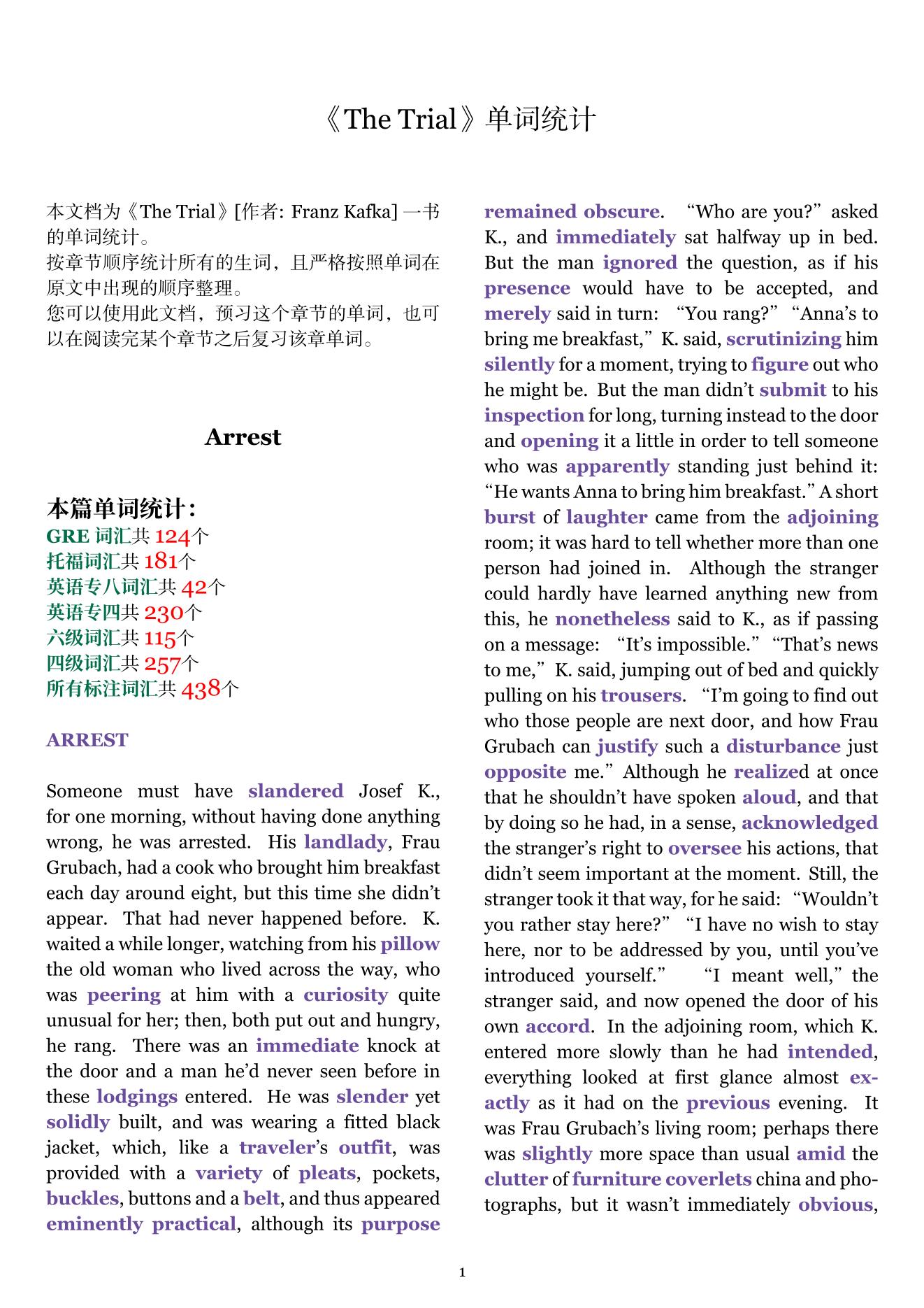 The Trial章节单词统计