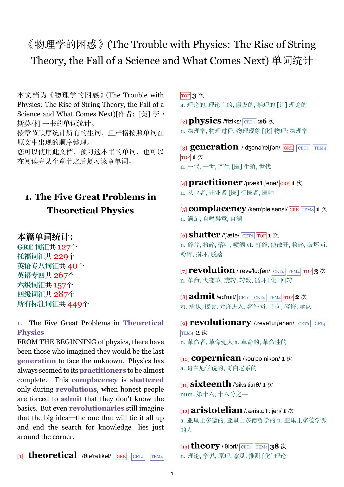 The Trouble with Physics: The Rise of String Theory, the Fall of a Science and What Comes Next章节单词统计