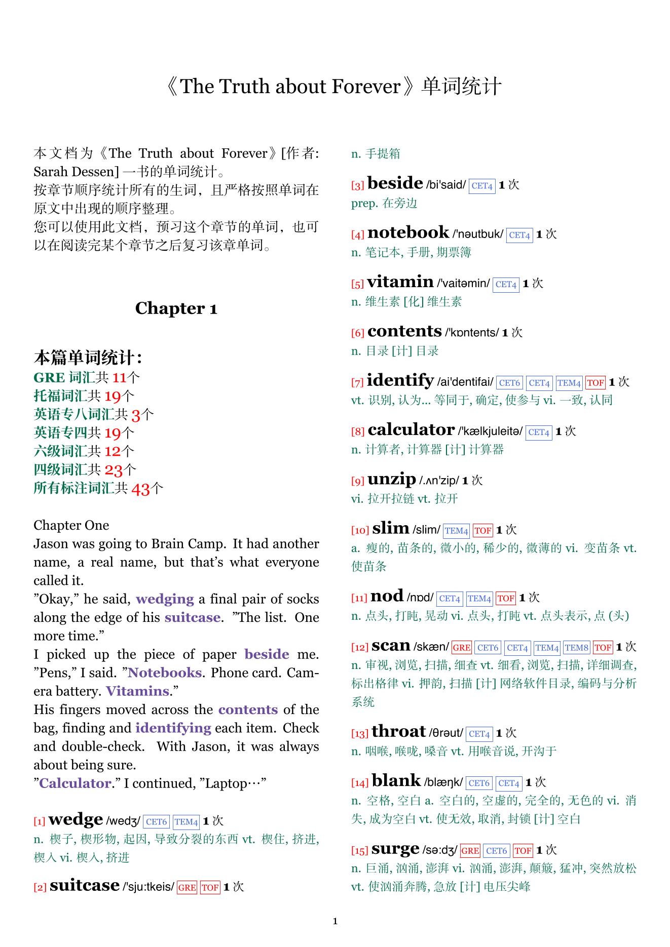 The Truth about Forever章节单词统计