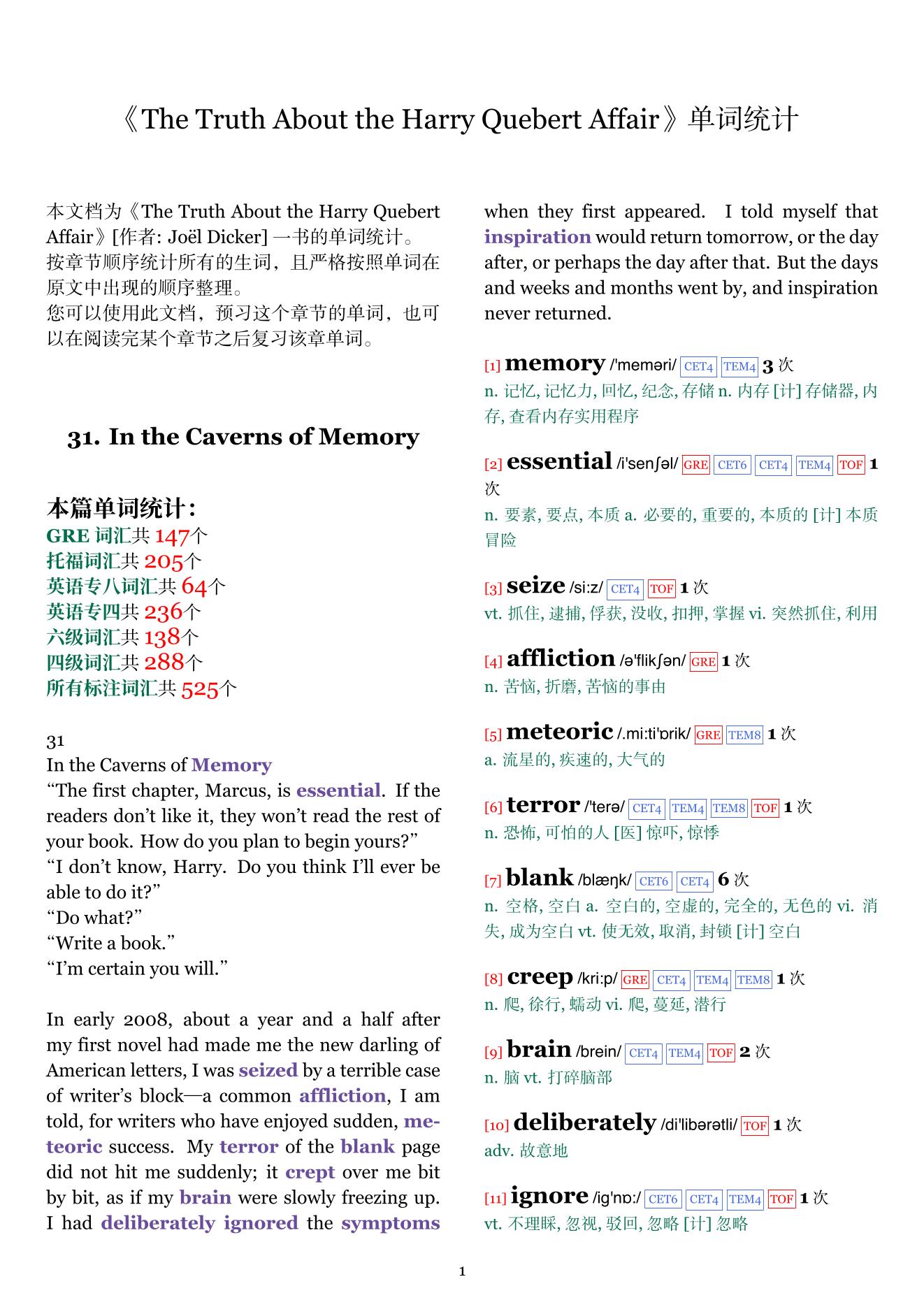 The Truth About the Harry Quebert Affair章节单词统计