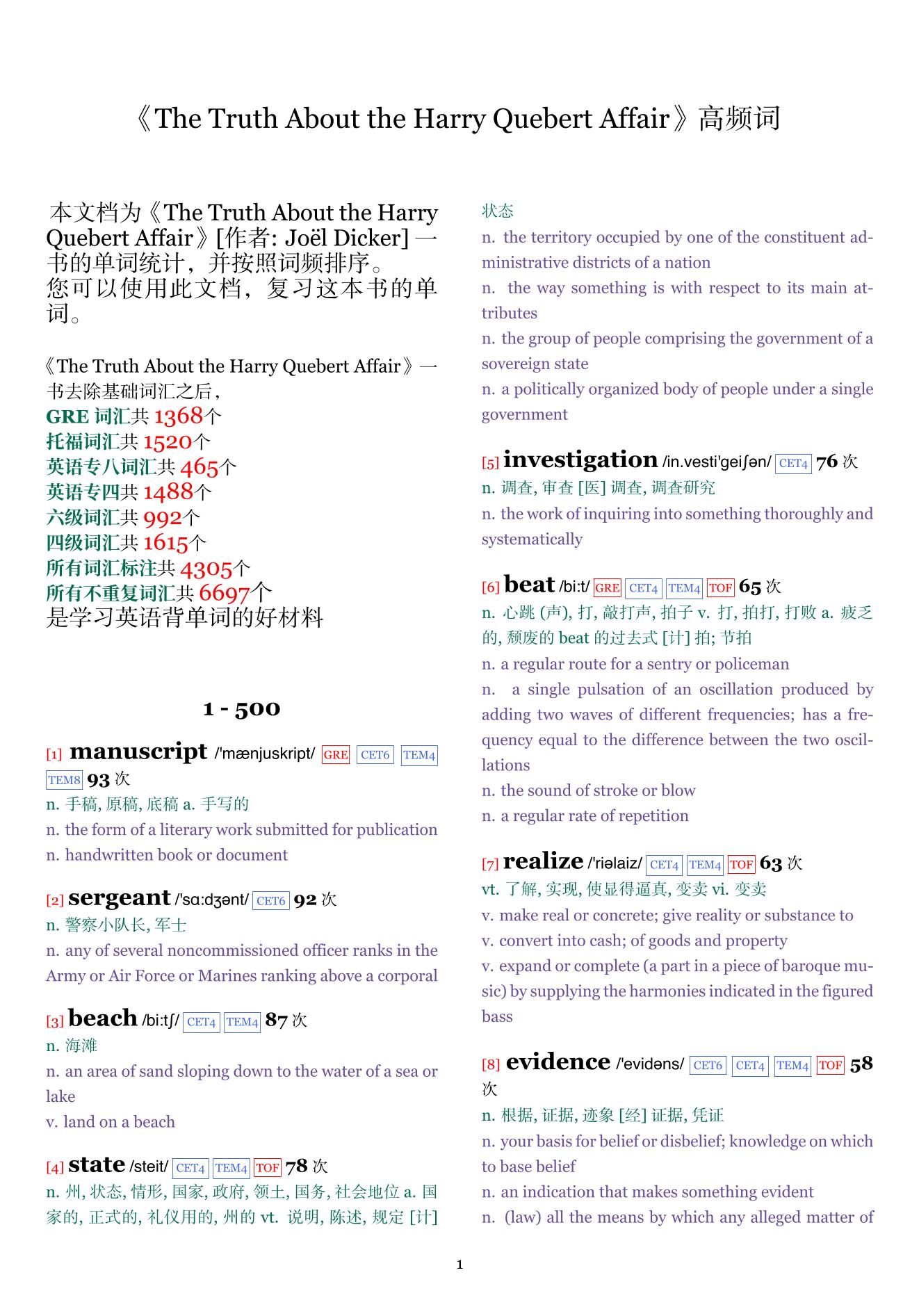 The Truth About the Harry Quebert Affair词频统计