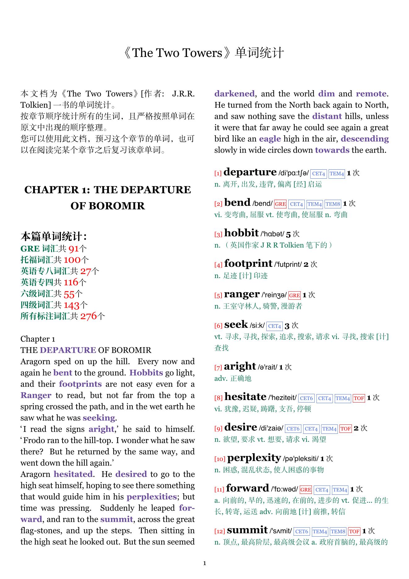 The Two Towers章节单词统计