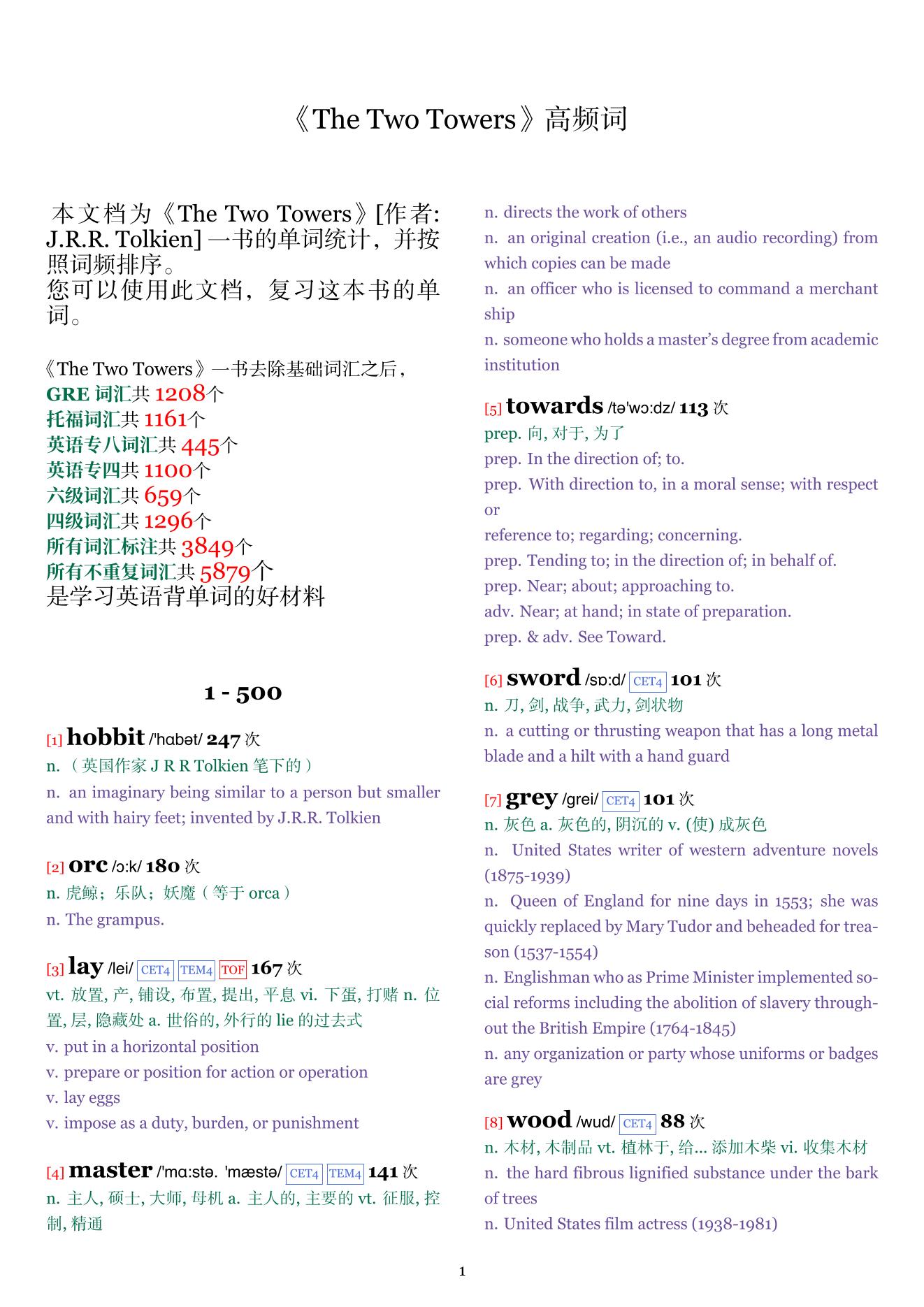 The Two Towers词频统计