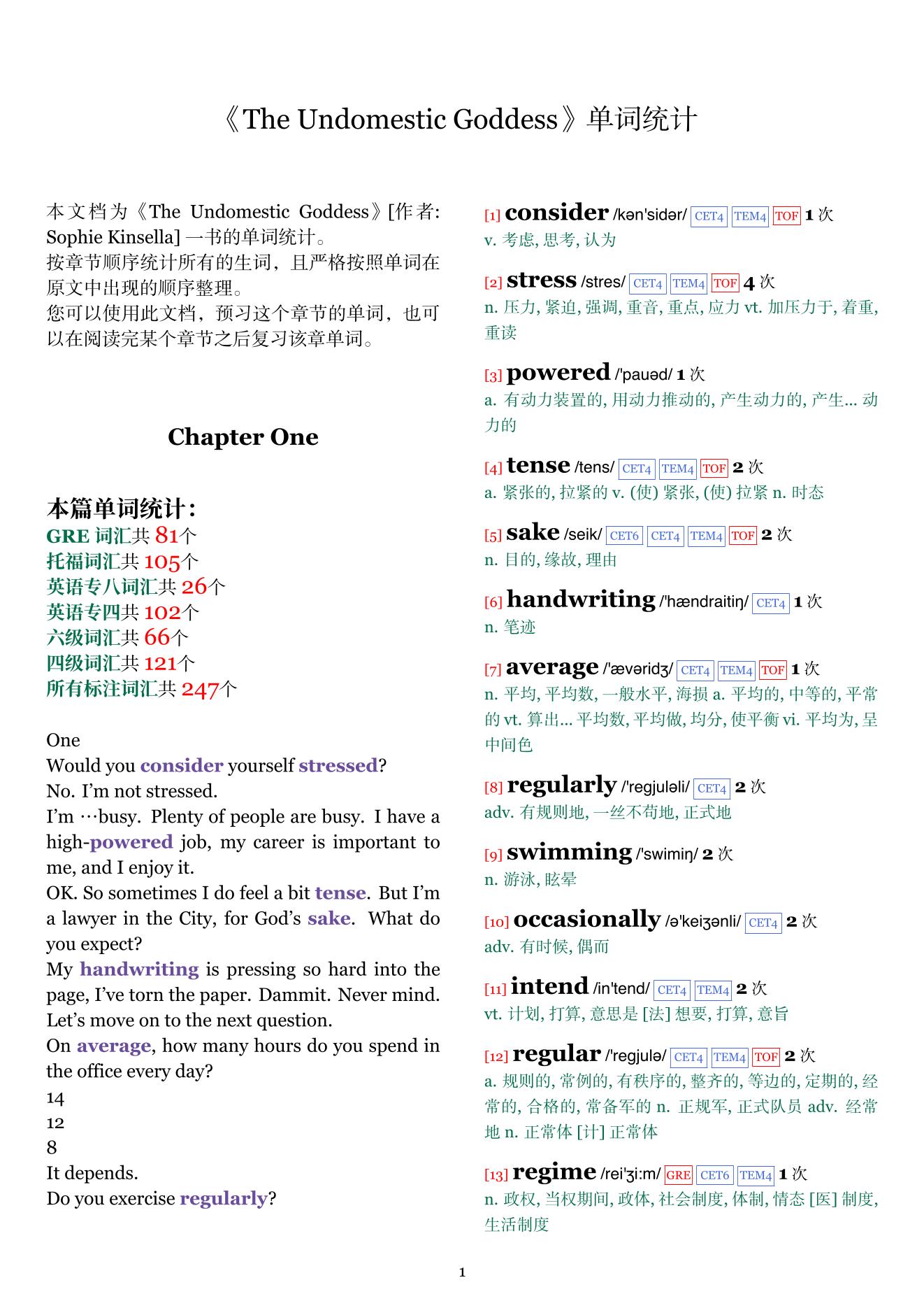 The Undomestic Goddess章节单词统计