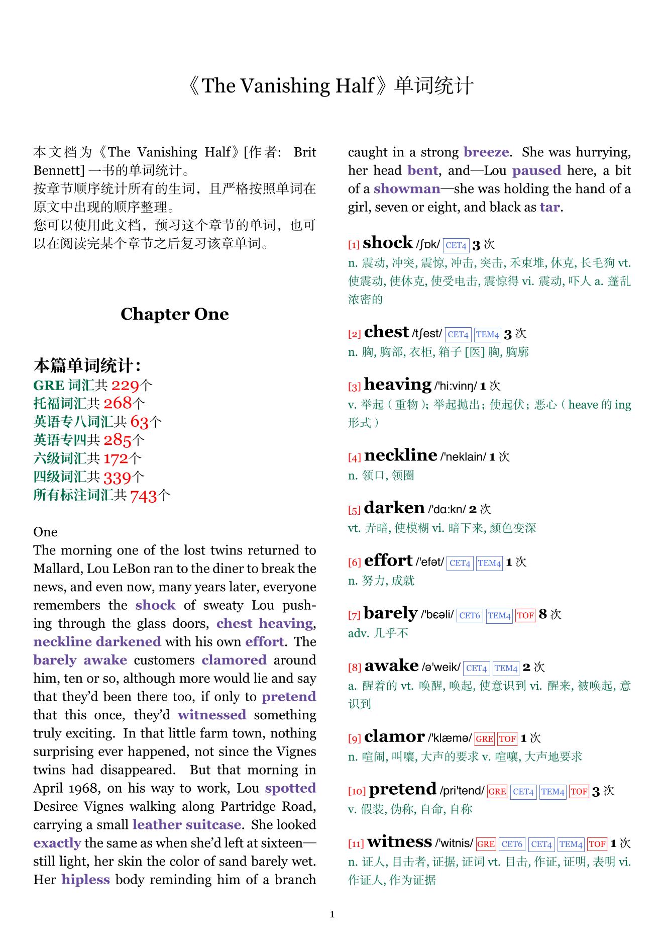 The Vanishing Half章节单词统计