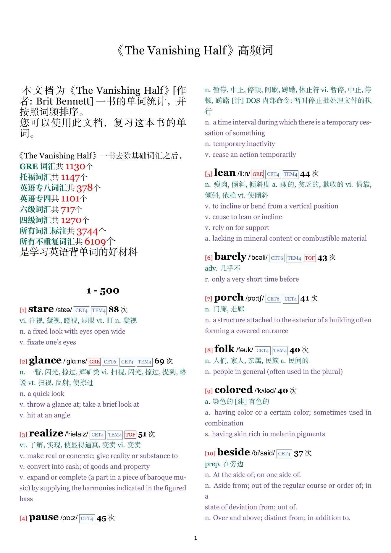 The Vanishing Half词频统计