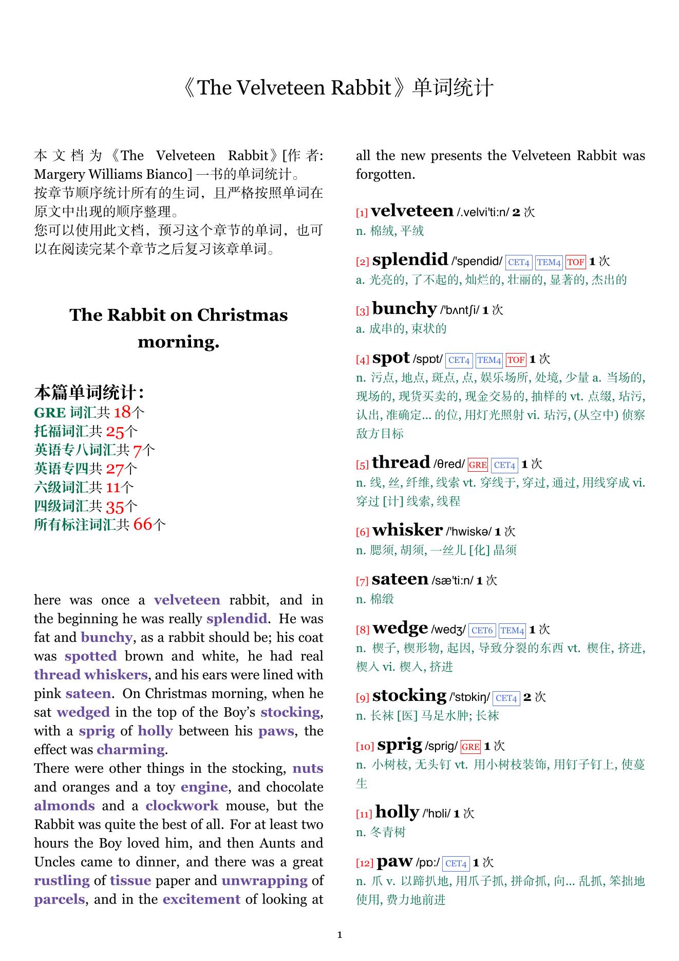 The Velveteen Rabbit章节单词统计