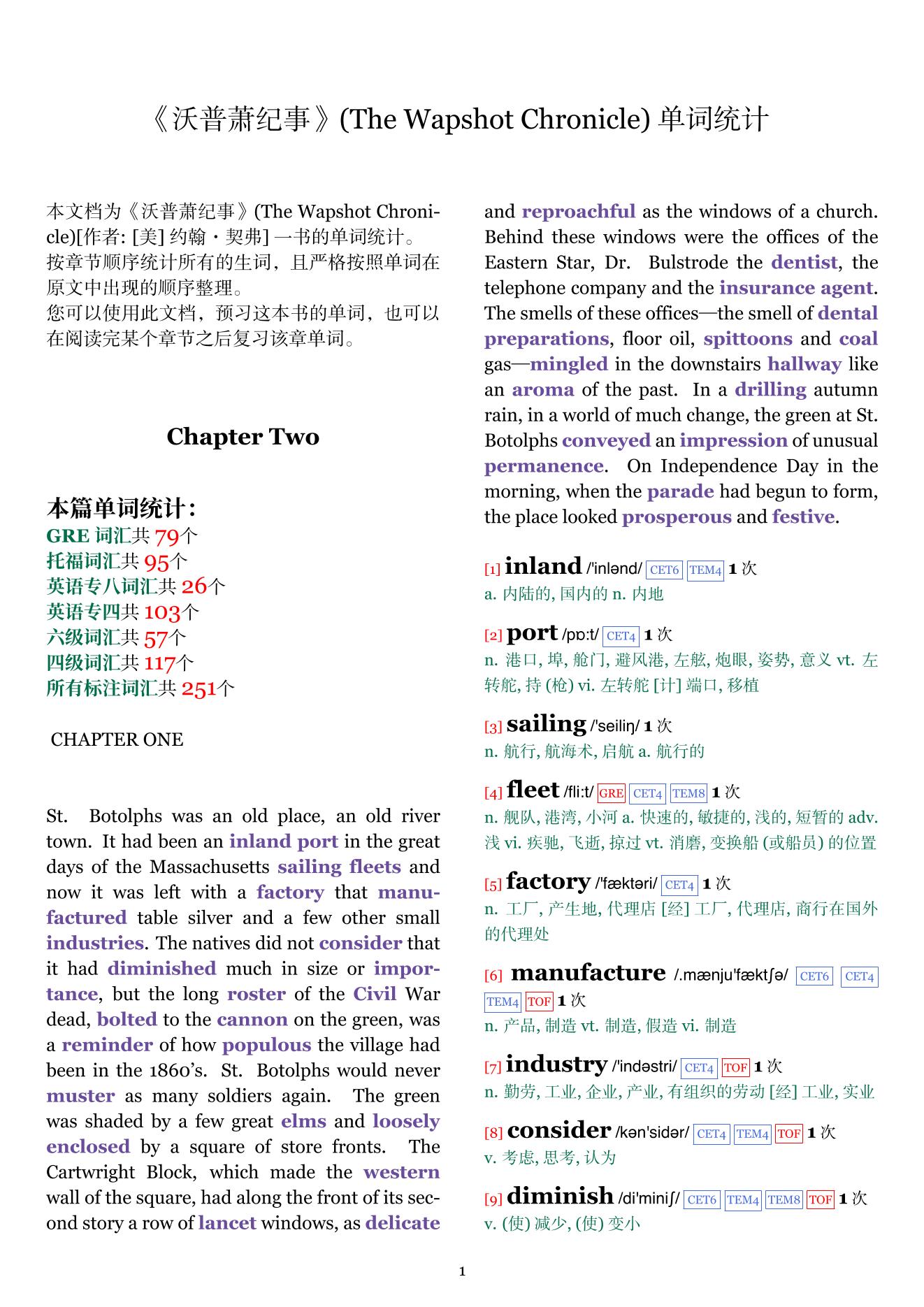 The Wapshot Chronicle章节单词统计