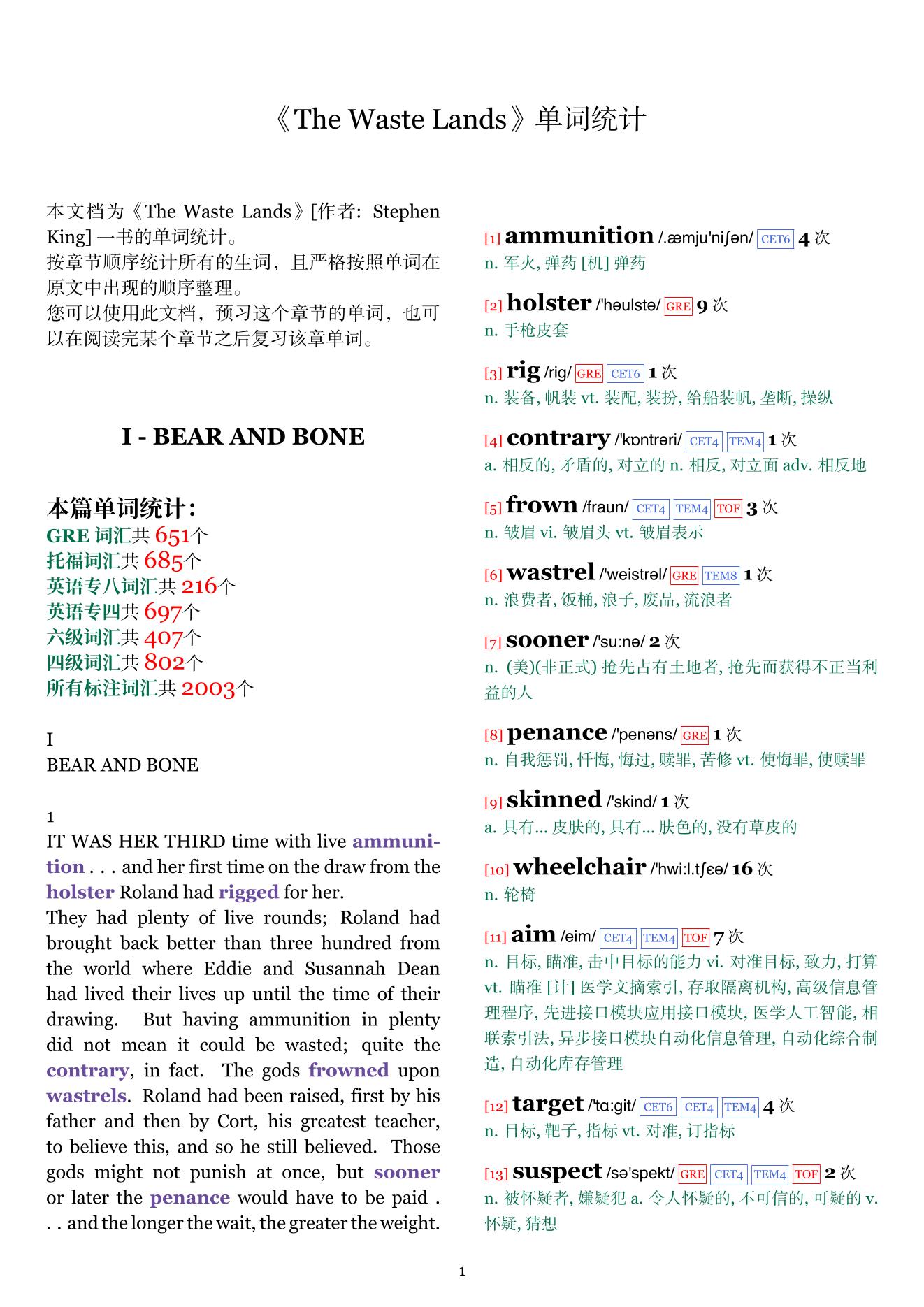 The Waste Lands章节单词统计