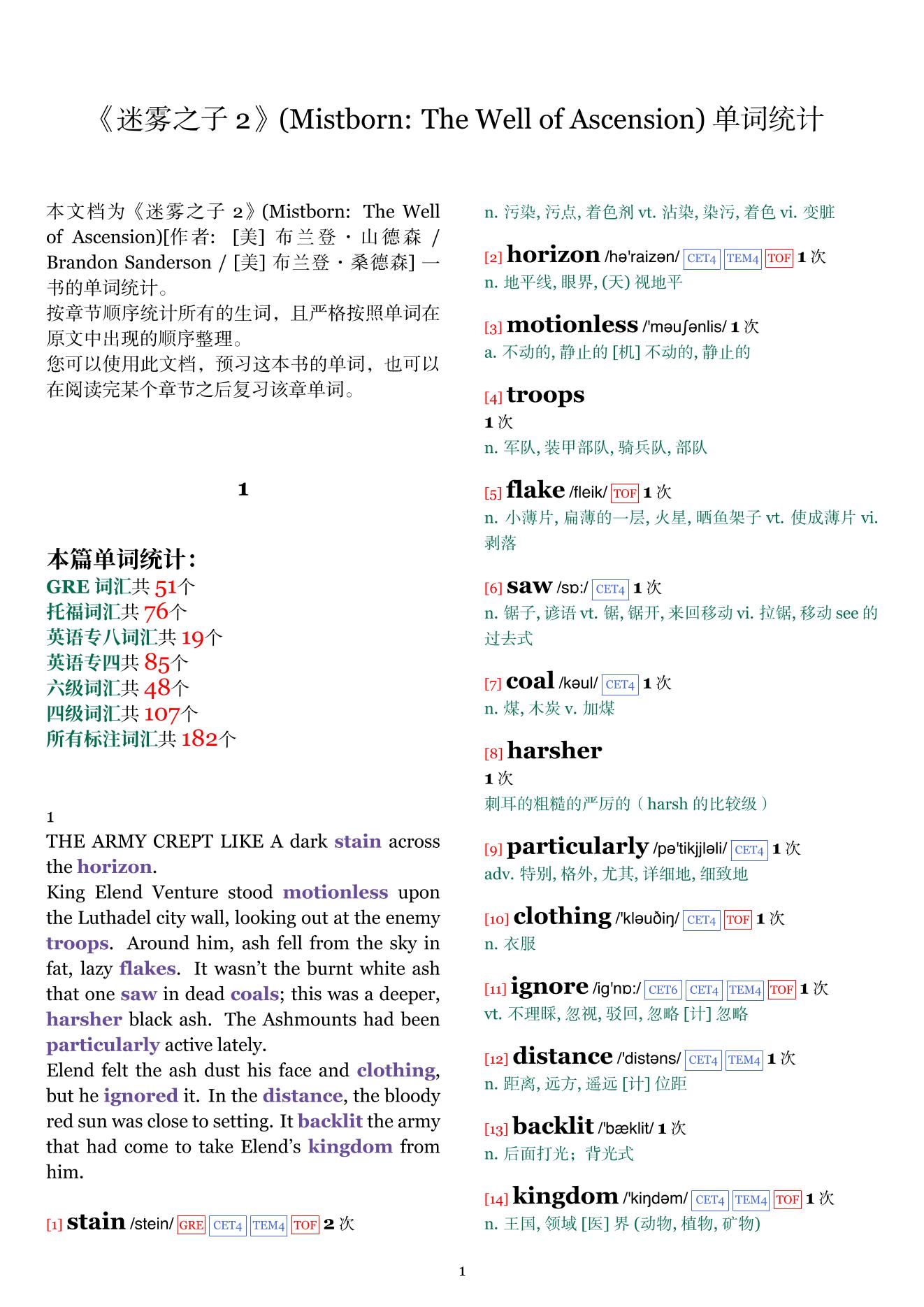 Mistborn: The Well of Ascension章节单词统计