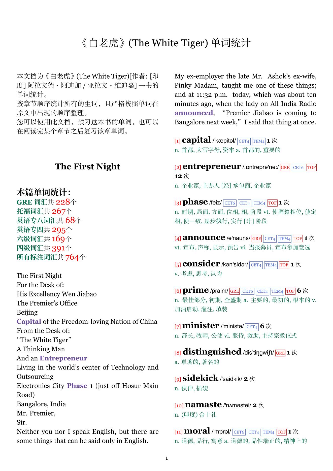 The White Tiger章节单词统计