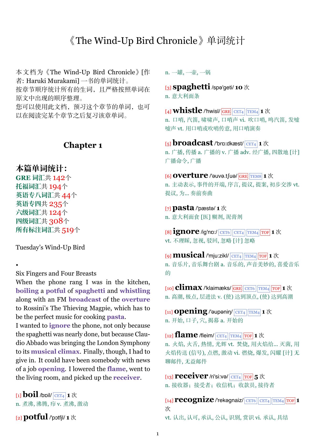 The Wind-Up Bird Chronicle章节单词统计