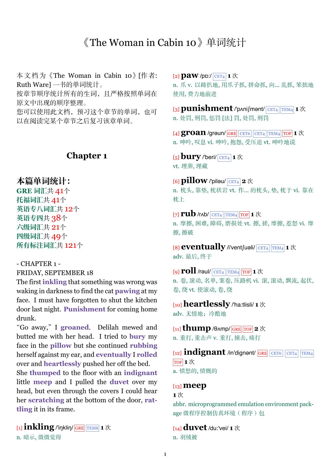 The Woman in Cabin 10章节单词统计