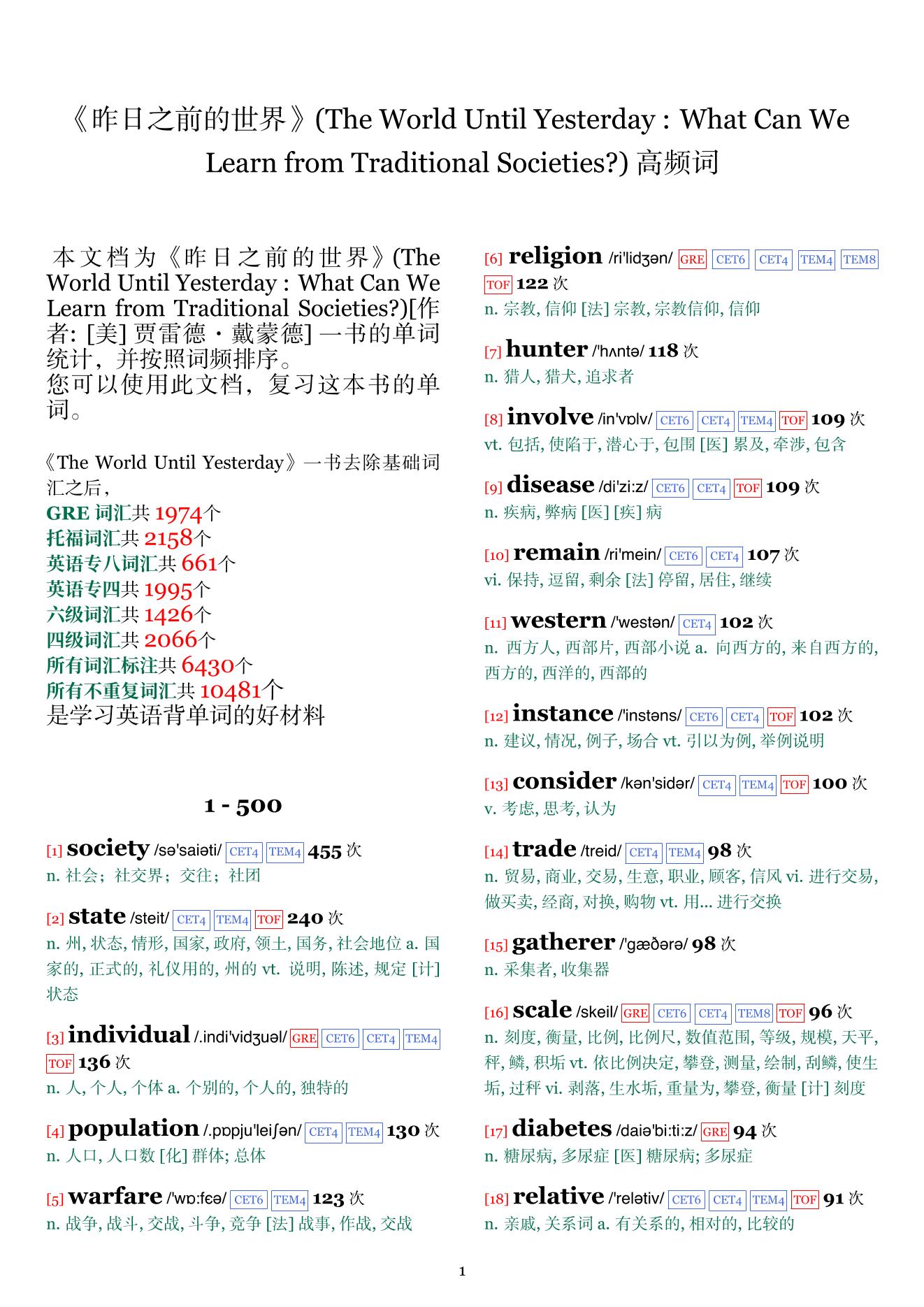 The World Until Yesterday : What Can We Learn from Traditional Societies?词频统计