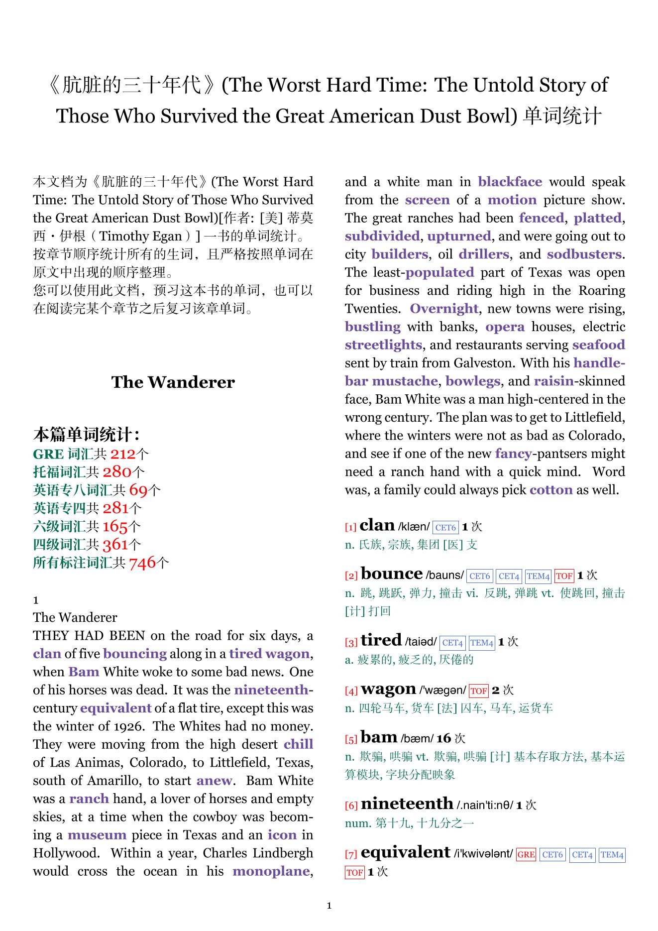 The Worst Hard Time: The Untold Story of Those Who Survived the Great American Dust Bowl章节单词统计