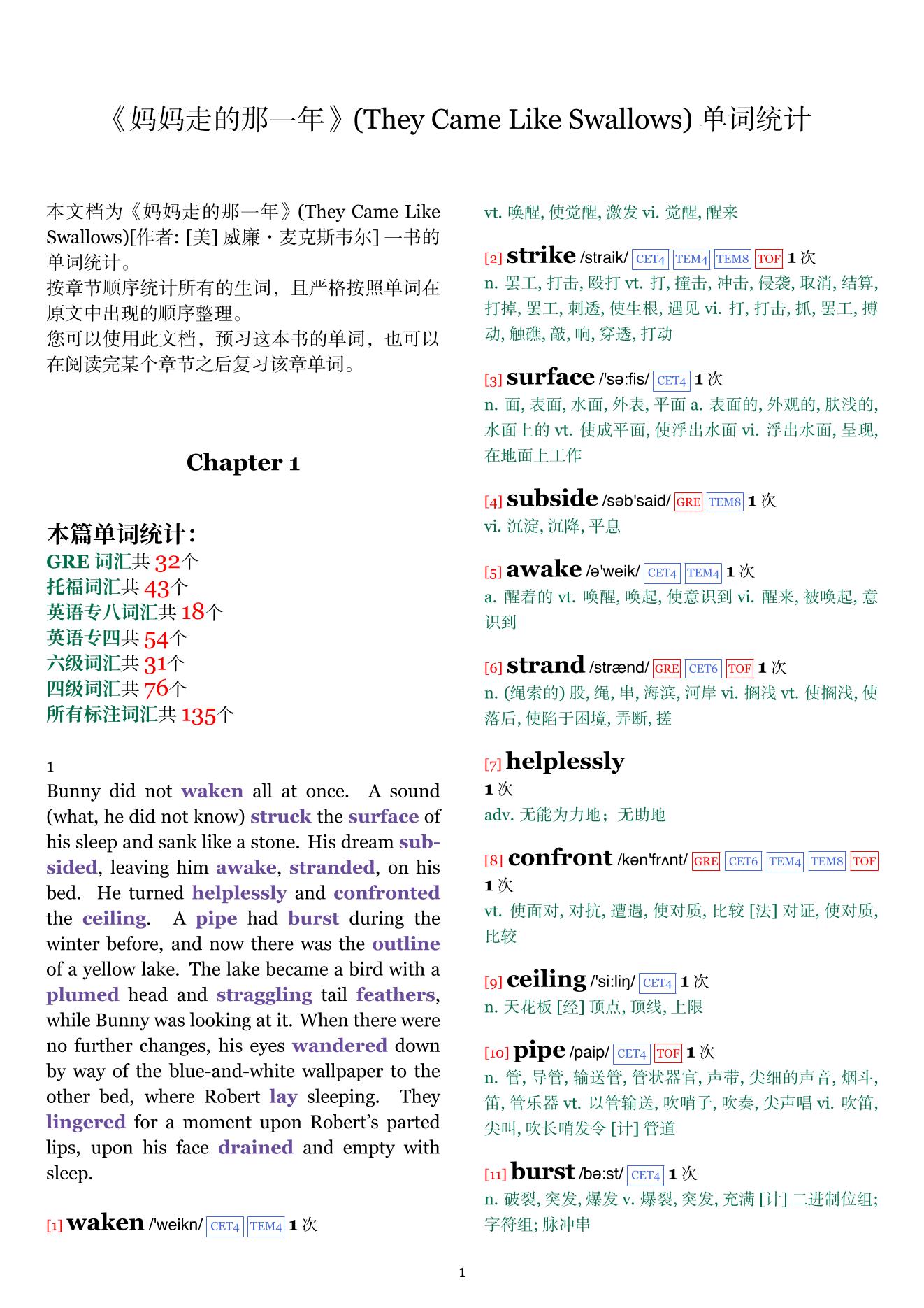 They Came Like Swallows章节单词统计