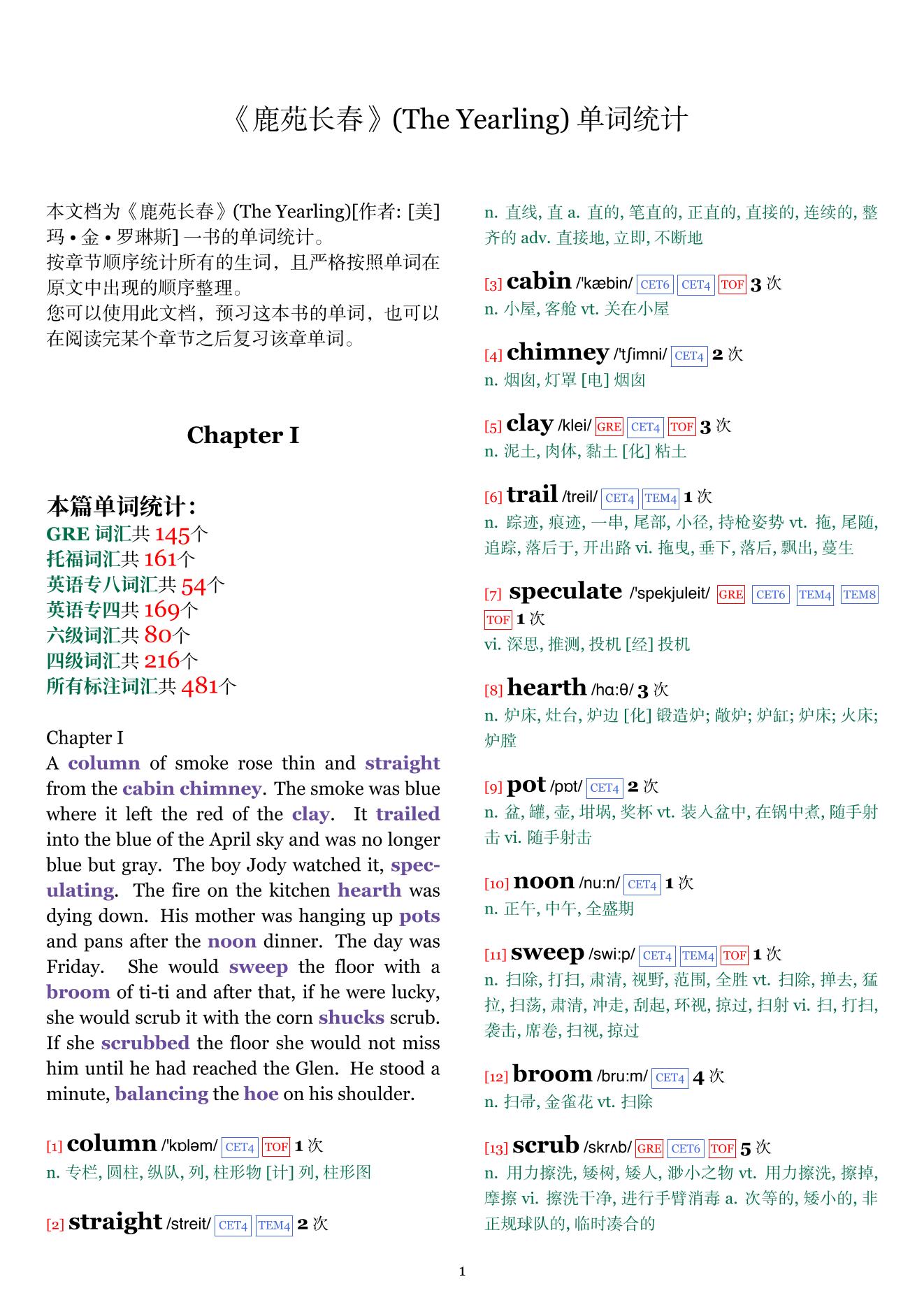 The Yearling章节单词统计