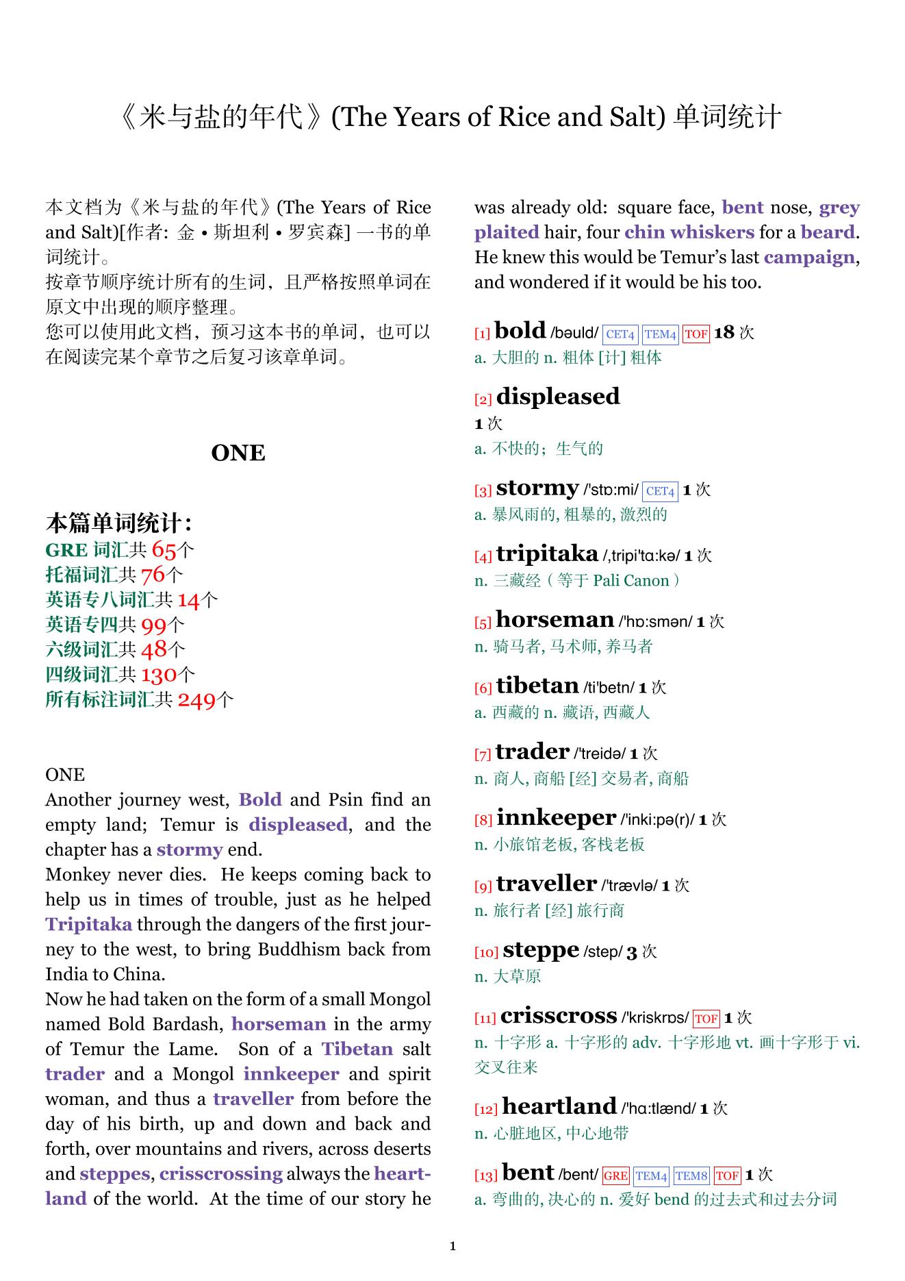 The Years of Rice and Salt章节单词统计