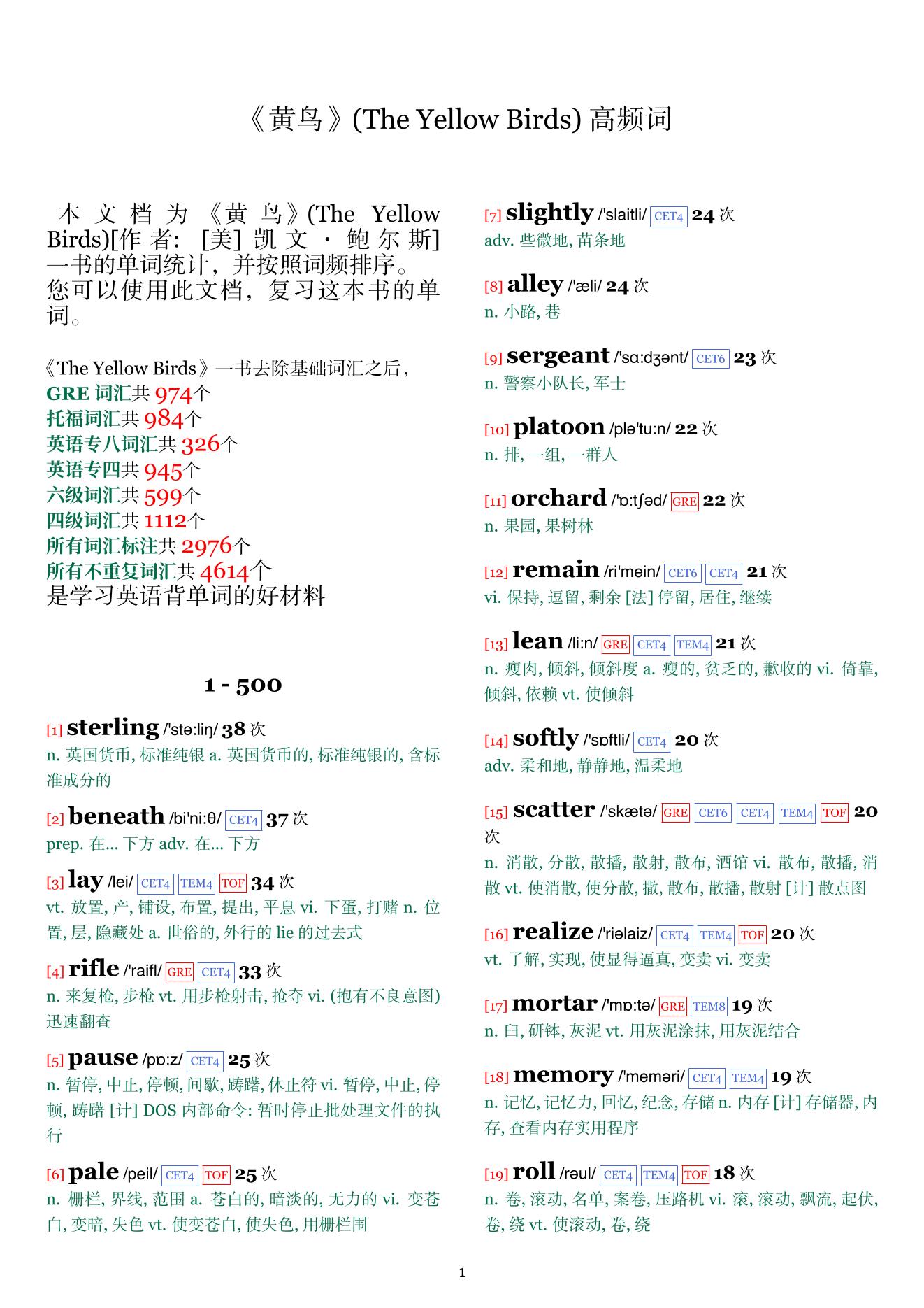The Yellow Birds词频统计