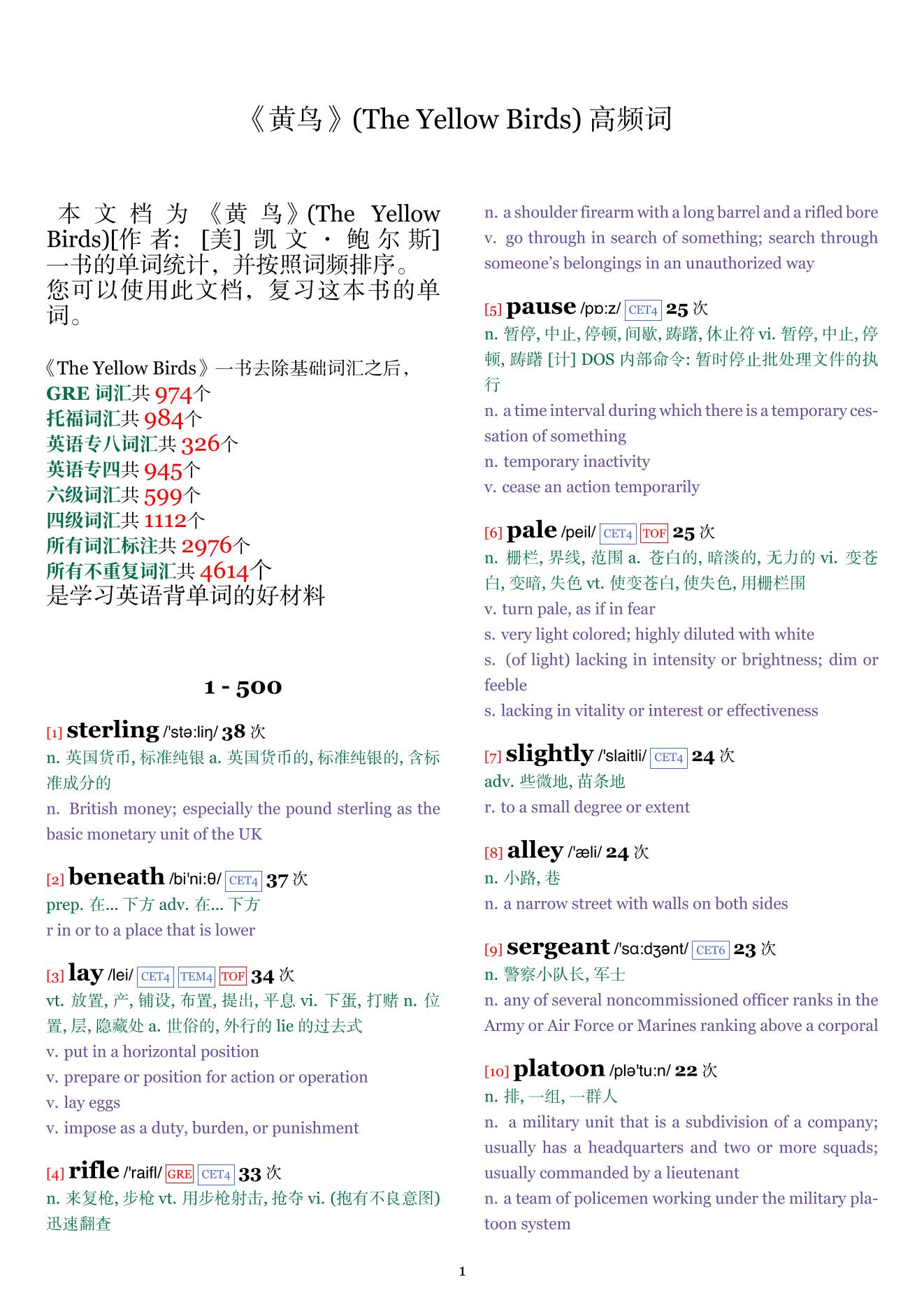 The Yellow Birds词频统计