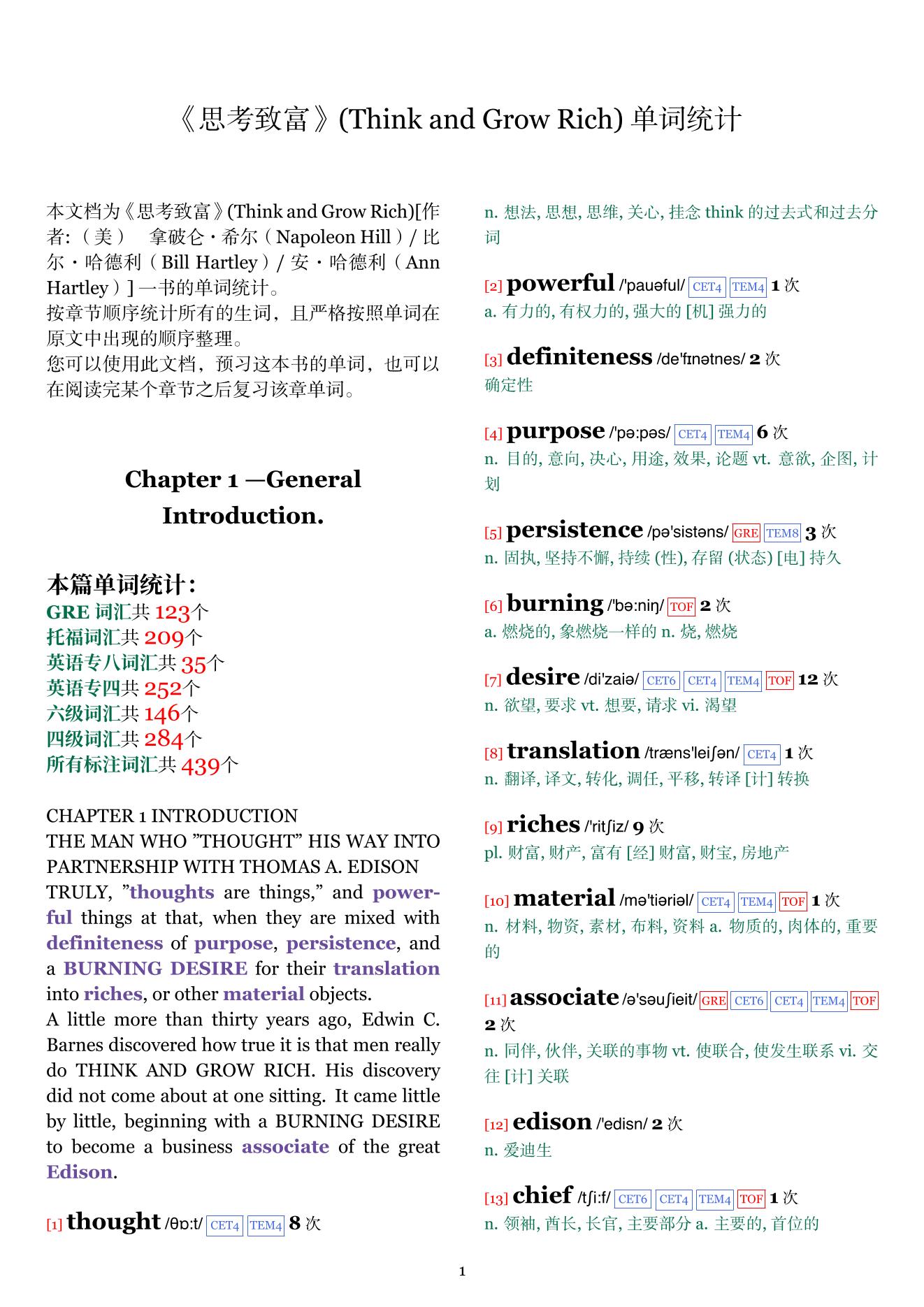 Think and Grow Rich章节单词统计