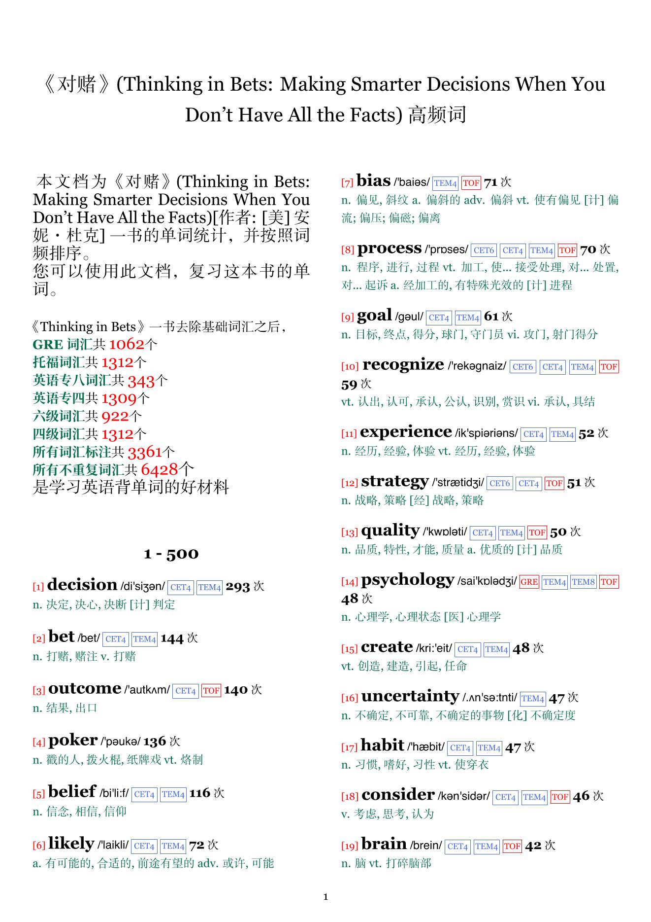 Thinking in Bets: Making Smarter Decisions When You Don't Have All the Facts词频统计