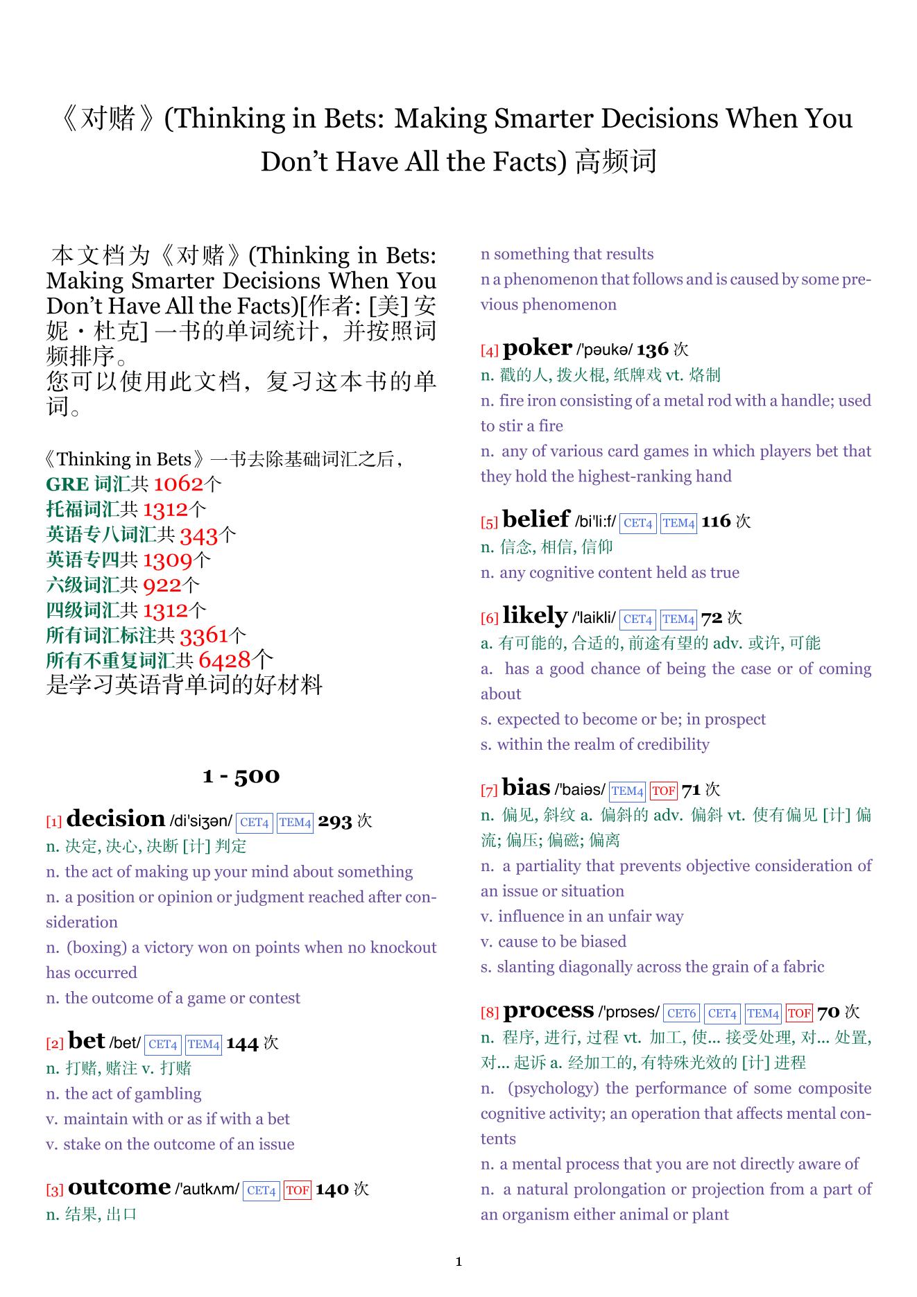 Thinking in Bets: Making Smarter Decisions When You Don't Have All the Facts词频统计