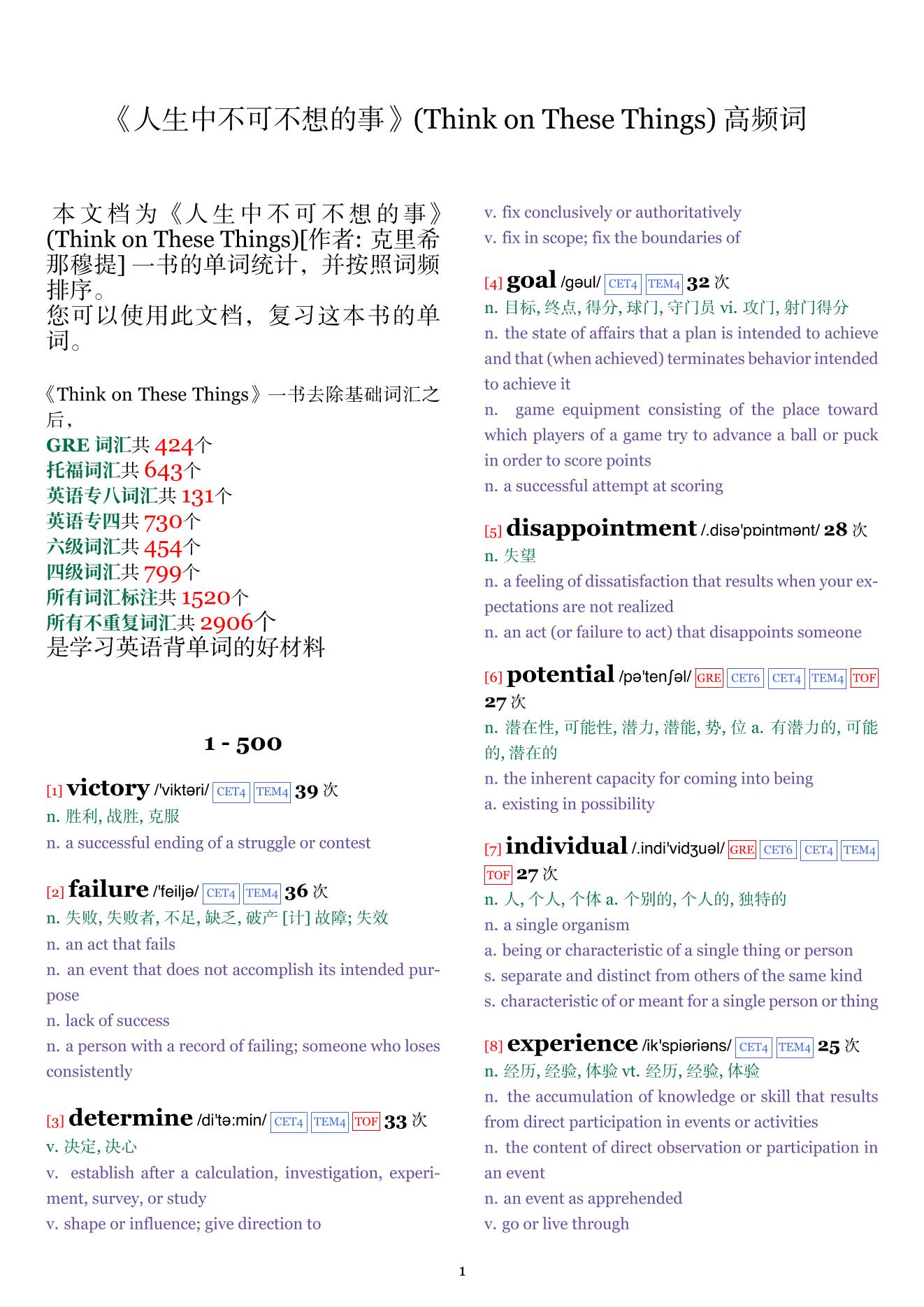 Think on These Things词频统计
