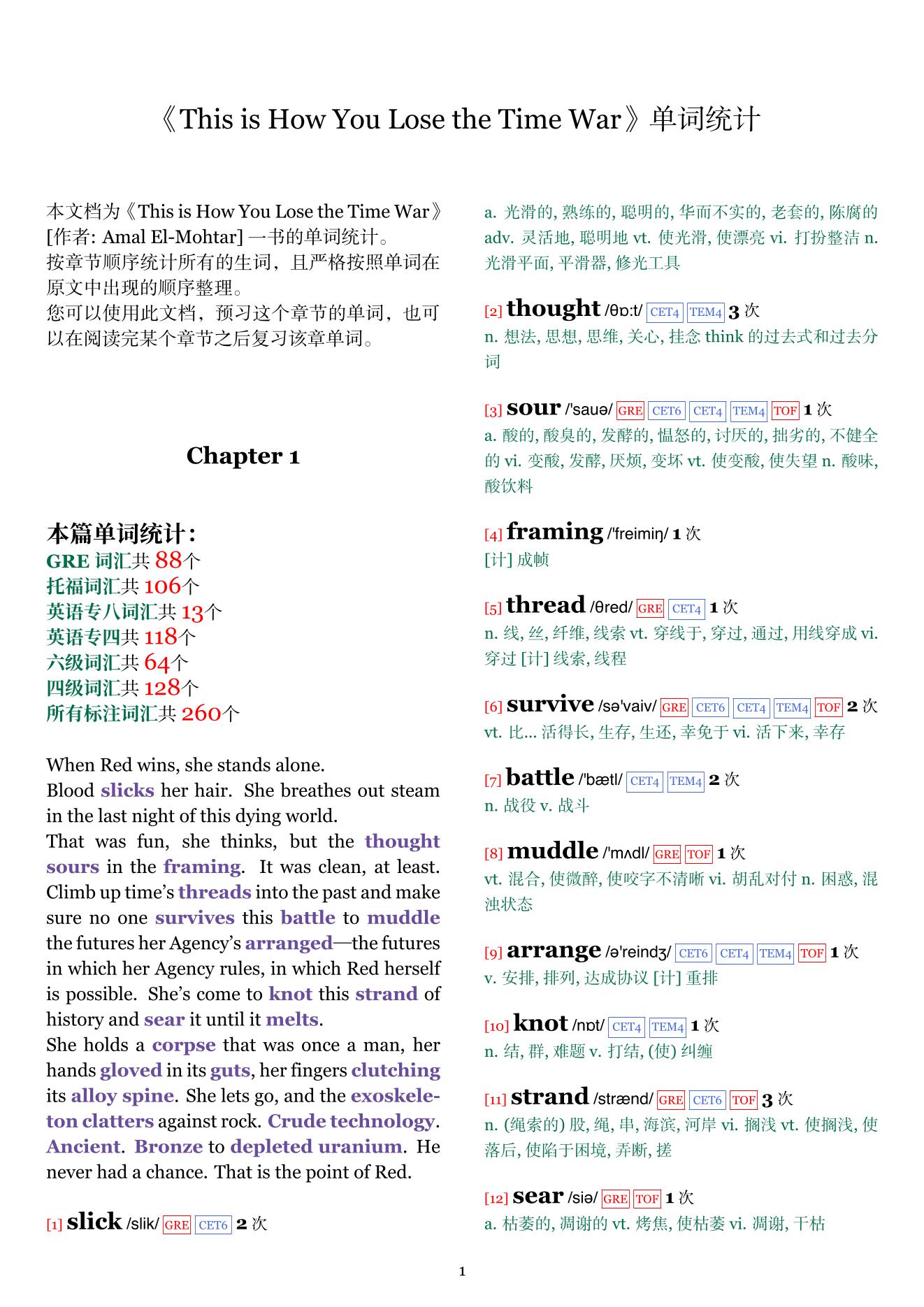This is How You Lose the Time War章节单词统计
