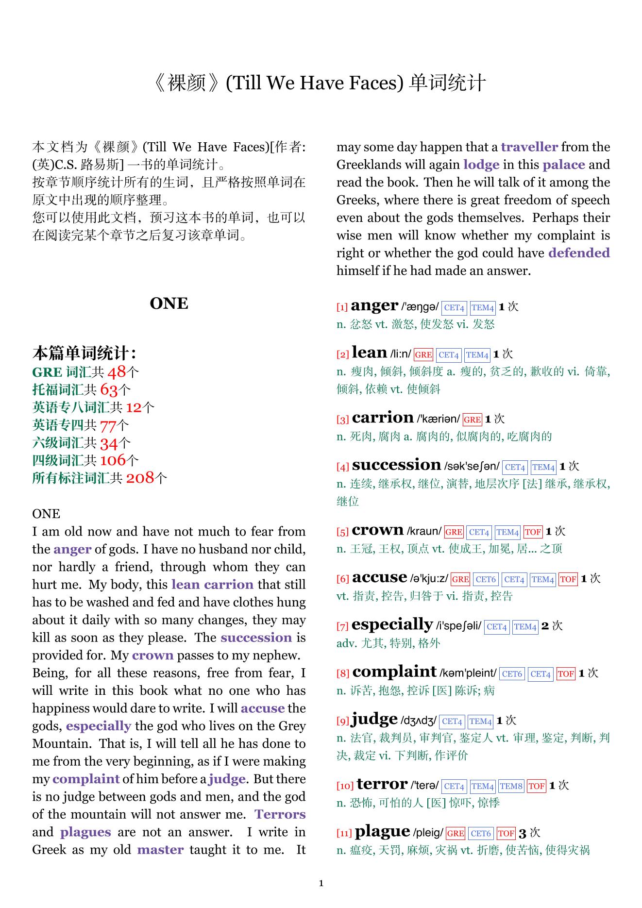 Till We Have Faces章节单词统计